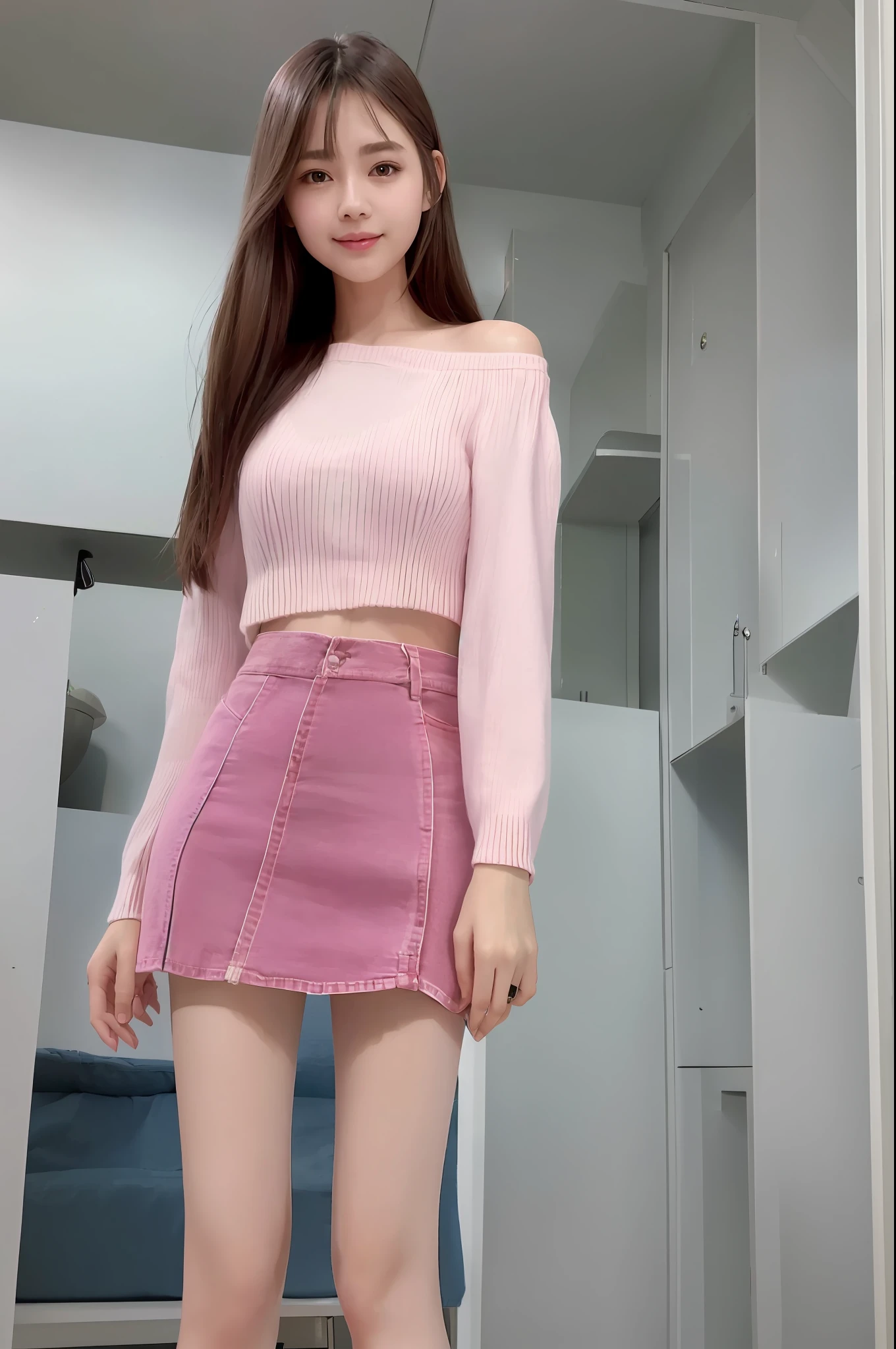 Image quality, high quality, realistic, high-quality outfit, detailed and delicate skin, light makeup, indoors, knitted, long sleeves, pink, denim mini skirt, skinny, semi-long hair, thin legs, whitening skin