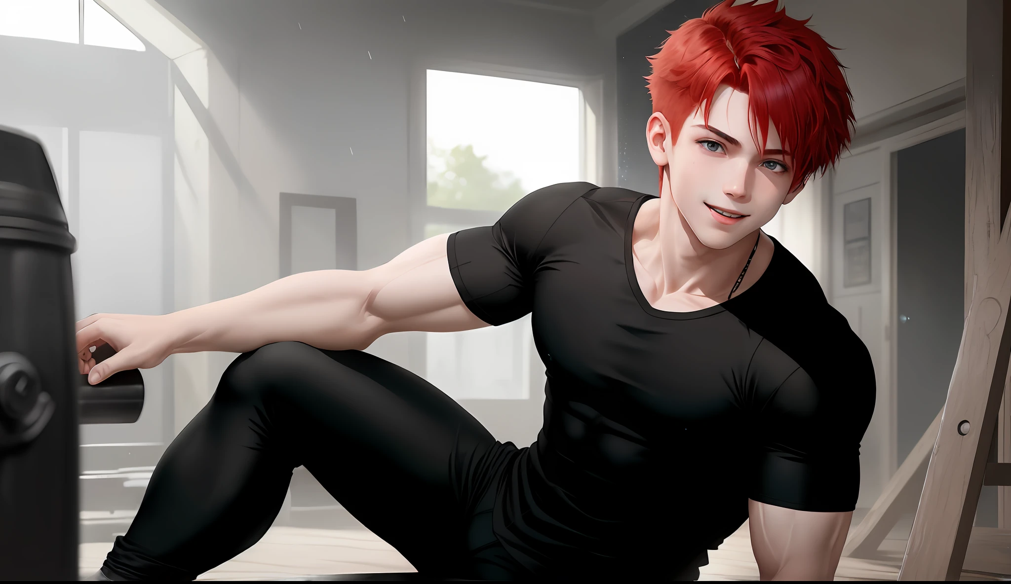 A young boy with white skin, short red hair, anime hair, straight hair, red hair, slightly spiky hair, wavy hair, slin body, fitness body, strong body, blue eyes, realistic eyes, black clothes (black shirt and black pants) smiling with his mouth closed, Realistic lighting, Realistic lighting, Radiosity, particle rain, realistic particles.
