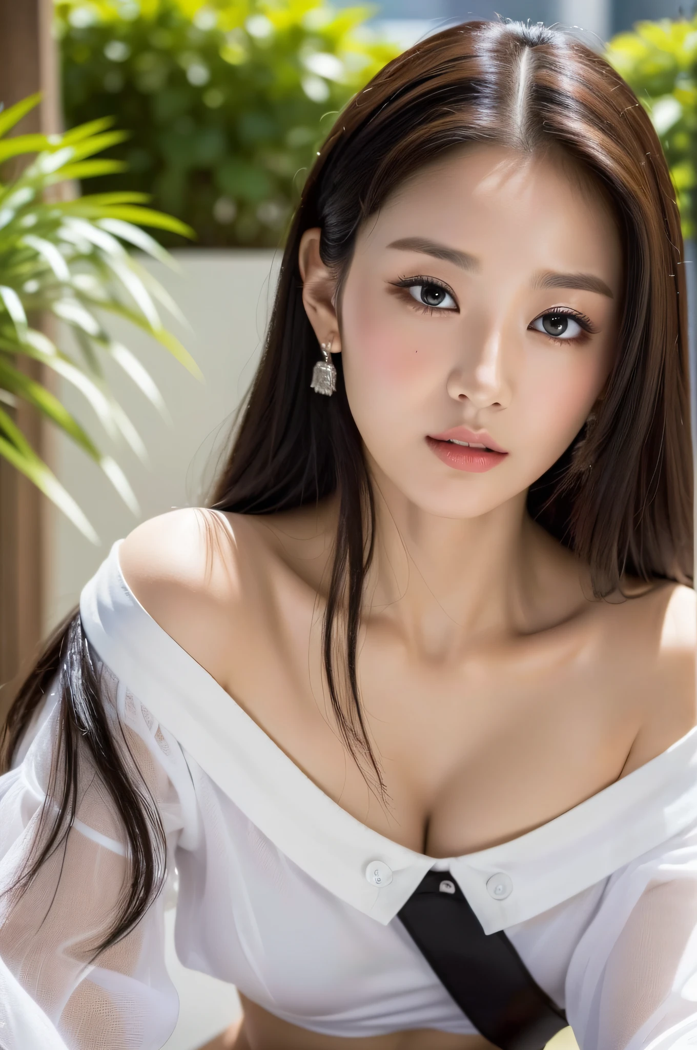 ((top quality, 8k, masterpiece: 1.3)), sharp focus: 1.2,1 Cute Japan Woman Pictures: 1.4, black hair, medium breasts, wearing a white blouse, extremely detailed eyes and face, sharp pupils, realistic pupils, sharp focus, ccinematic lighting, off-shoulder, cleavage,happy
