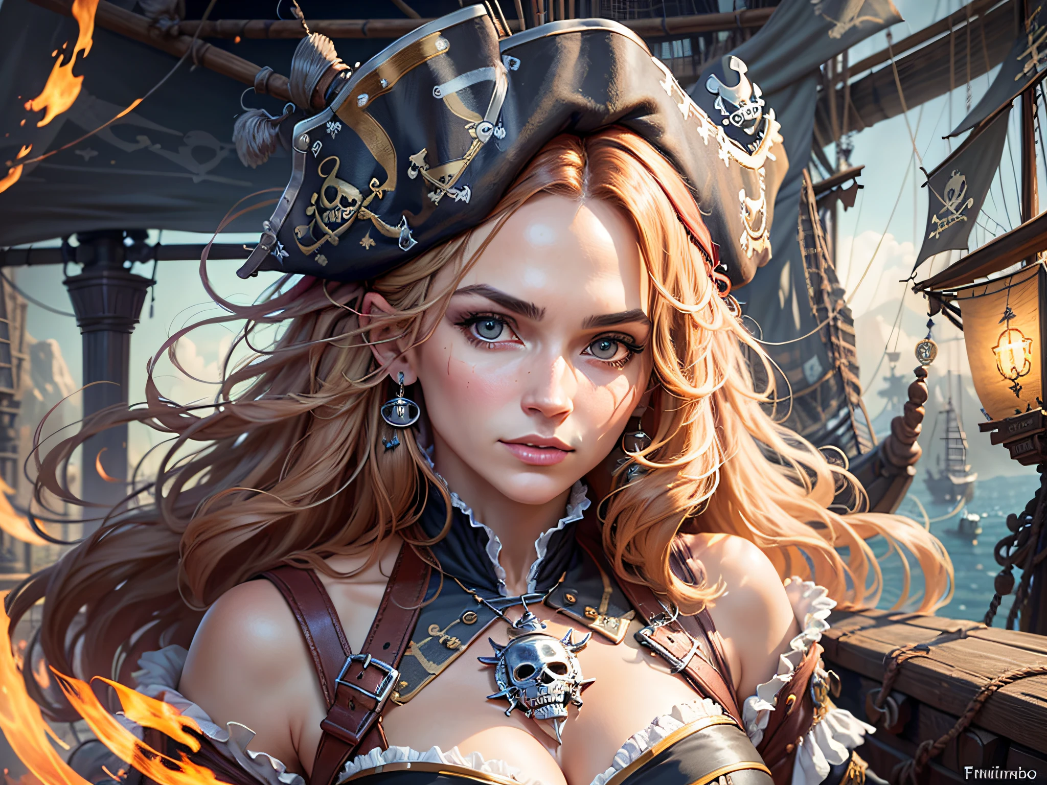 Danielle van de Donk, full body potrait of a photorealistic beautiful woman, (aboard a pirate ship:1.50), intense coloration fantasy, light hair, a stunning realistic photograph 20 years , random colored hair, (multiple women pirates dancing together:1.3), random color eyes, full body, cover, hyperdetailed painting, luminism, octane render, Bar lighting, complex, 8k resolution concept art portrait by Martina Fačková and Prywinko Art, Artgerm, WLOP, Alphonse Mucha, Tony Taka, fractal isometrics details, photorealistic face, hypereallistic cover photo awesome full color, hand drawn, bright, gritty, realistic color scheme, davinci, .12k, intricate. hit definition , Beethoven, cinematic,Rough sketch, mix of bold dark lines and loose lines, bold lines, on paper , real life human --auto --s2