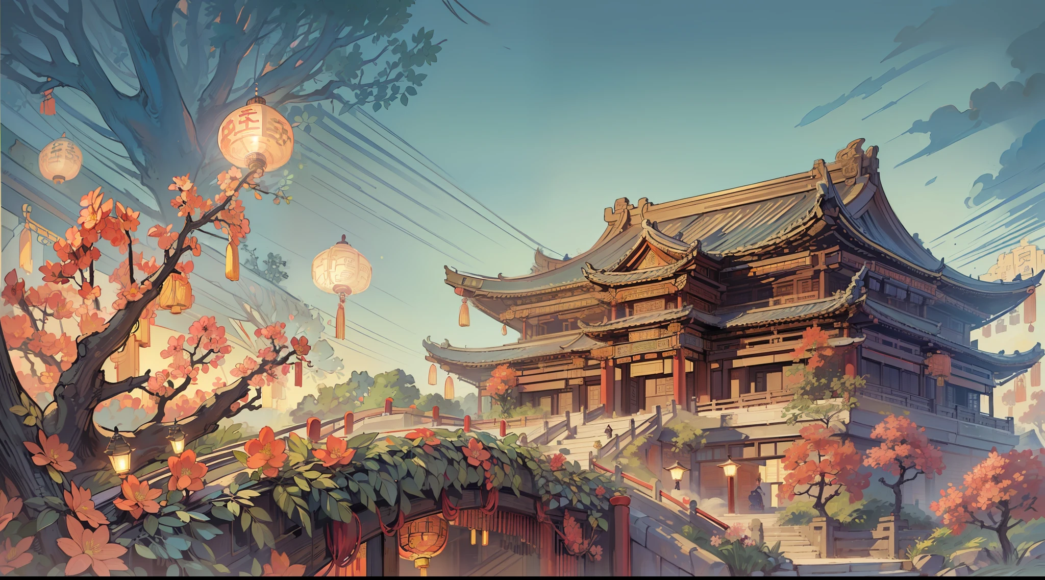 ((Best Quality, Masterpiece: 1.2), CG, 8K, Intricate Details, Film Perspective, (Ancient Chinese Capital), Pavilions, Streets, Night, Lights, Many Fireworks in the Sky, Trees, Detailed Leaves and Flowers, Lively Atmosphere, (Soft and Elegant Colors), ((Elaborate Composition))