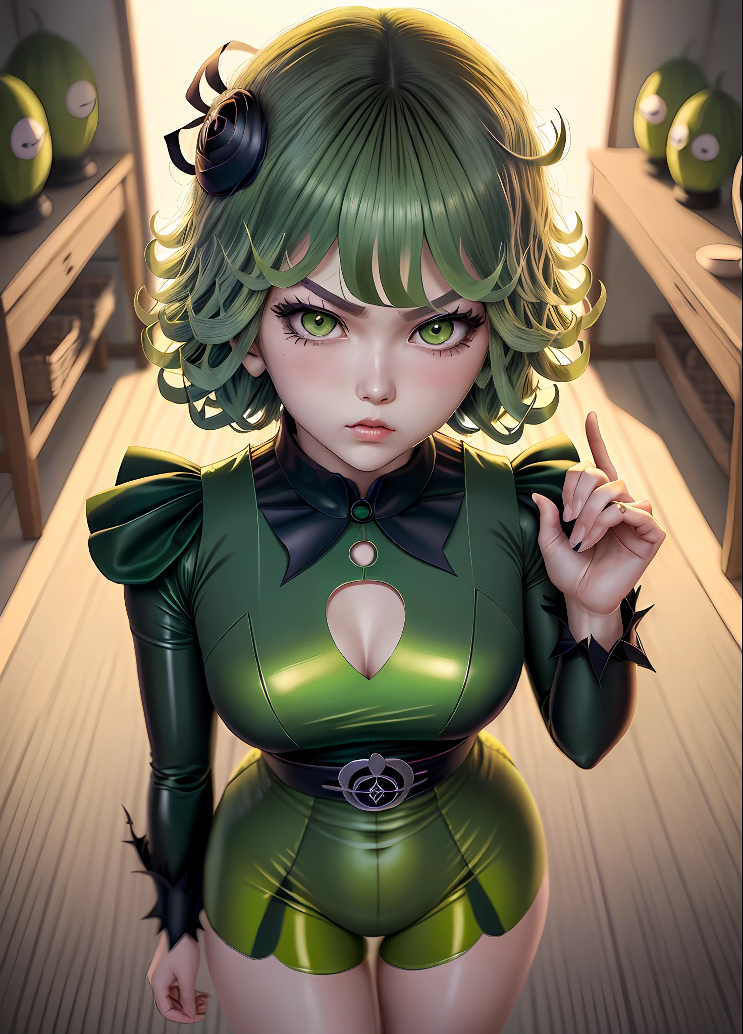 high detail, (photorealistic), realistic, masterpiece, best quality, ((portrait of the face of Tatsumaki one punch man)), tatsumaki-sancroptop, detailed face, detailed eyes, (hair ornament), (green eyes), (green hair), (short hair), green transparent latex clothes, flat chest, small body: 1.45, cute, () blush, embarrassed, [pointed collar], pentagram], seen from above. Cute Tatsumaki
