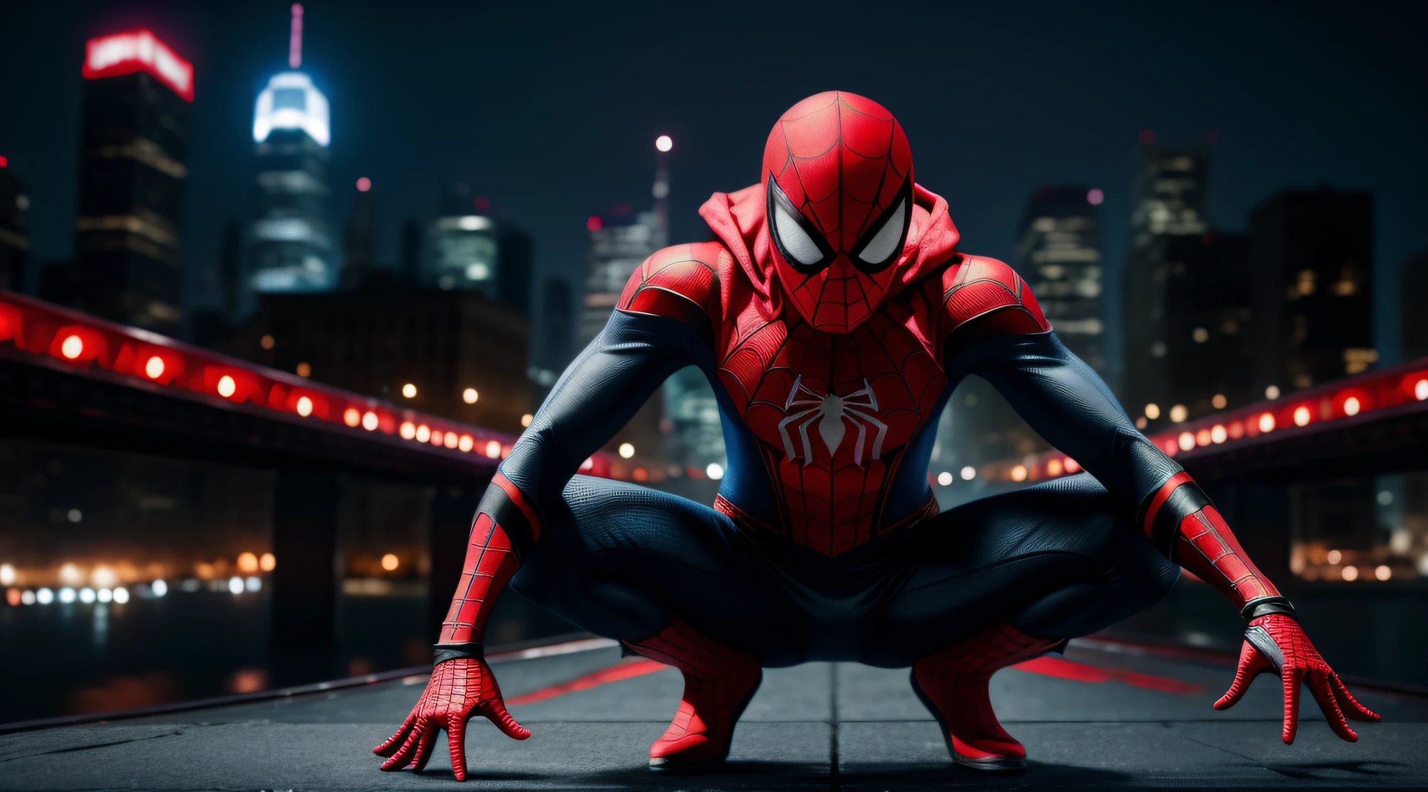spider man with spawn costume, crown, panorama, canon, high detail, hyperrealism, masterpiece, super detail, best quality, 8k, UHD
