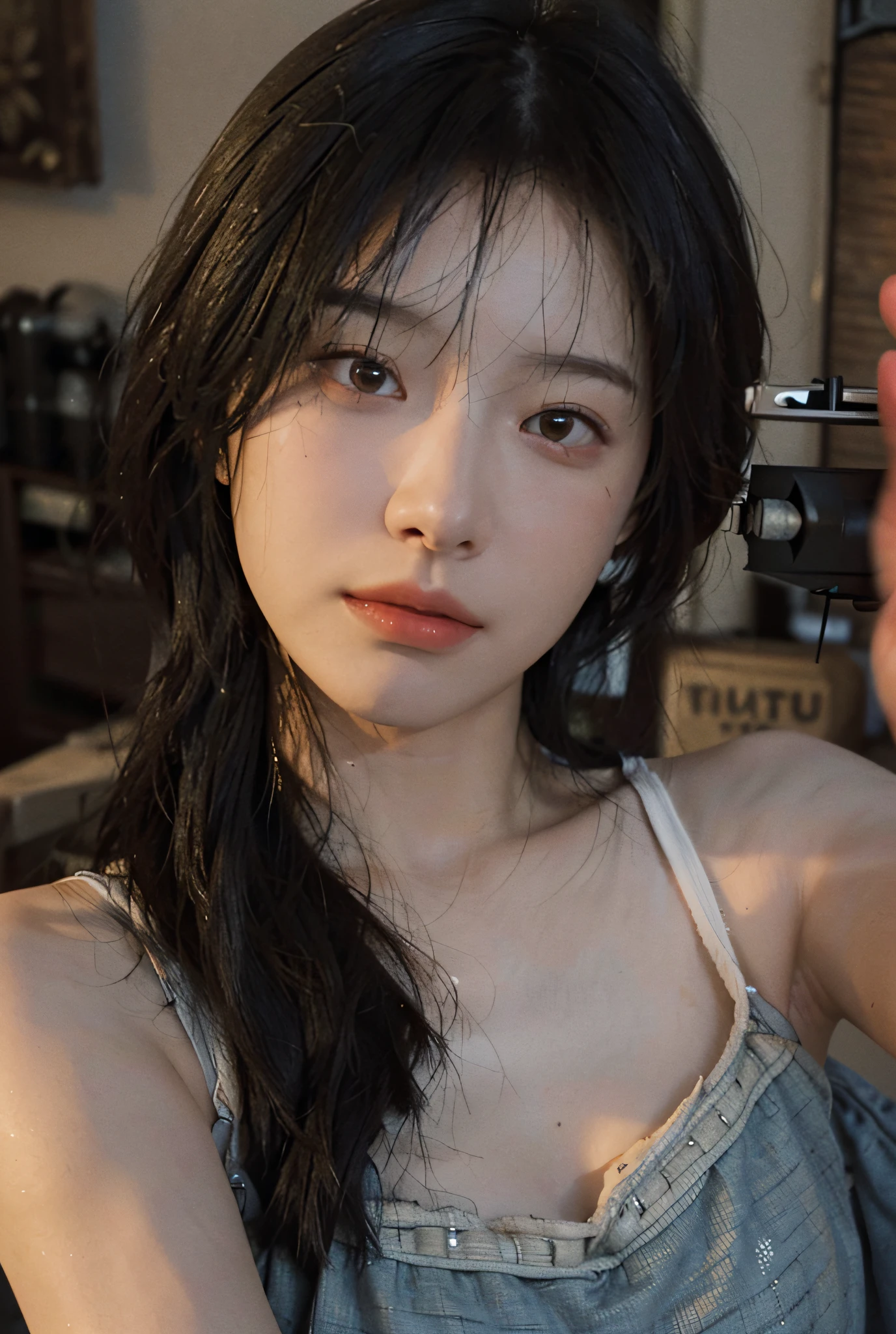 8K,Best quality, masterpiece, ultra high res, (photorealistic:1.4), raw photo, (Authentic skin texture:1.3), (film grain:1.3), (selfie angle),1girl,beautiful detailed eyes and face,masterpiece, best quality,close-up,upper bod,