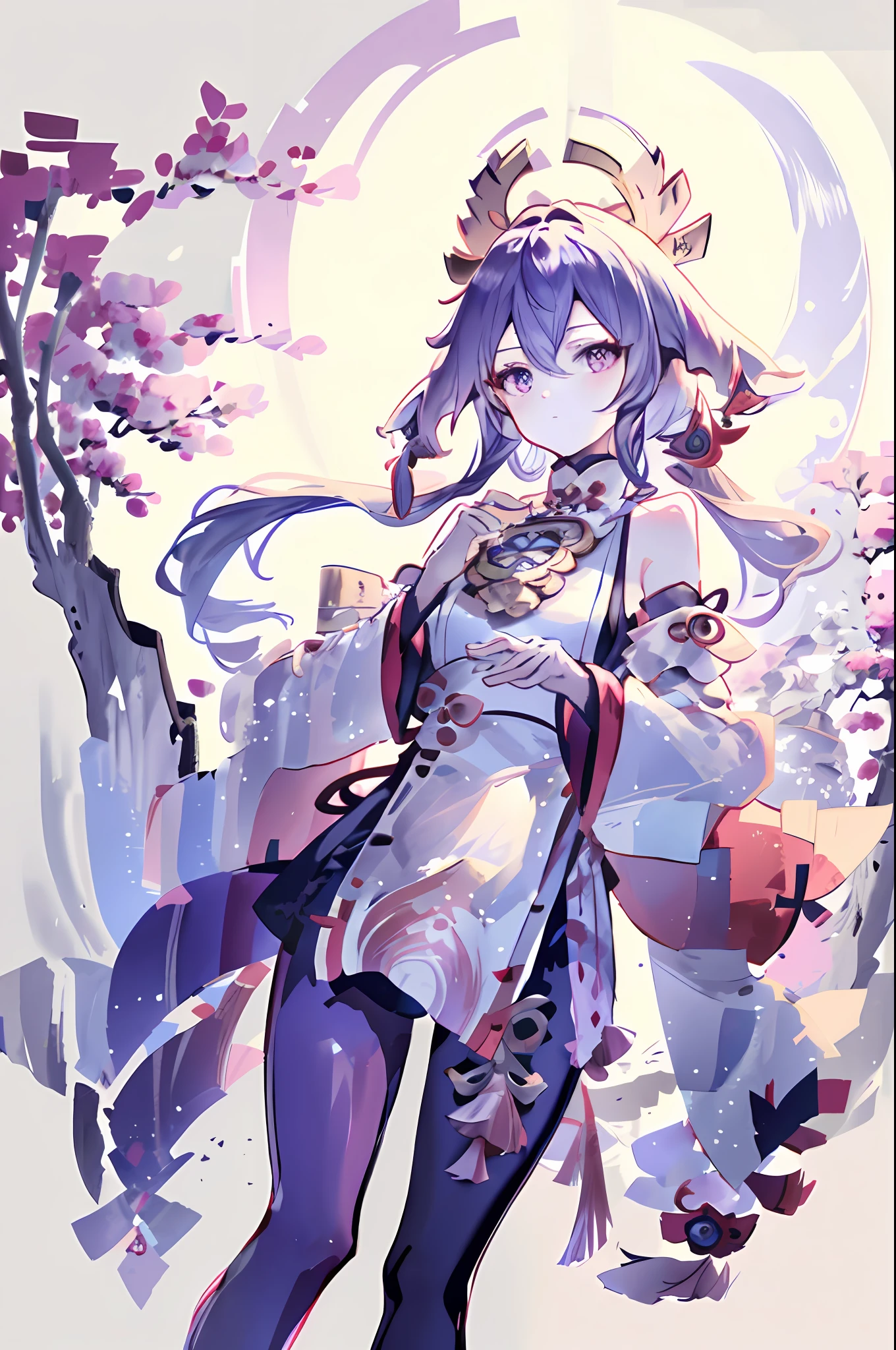 ganyu\(genshin impact\), 1girl, ahoge, architecture, bangs, bare shoulders, bell, black gloves, black tights, ((blue hair)), blush, breasts, chinese knot, sleeves, East Asian architecture, flower knot, gloves, long hair, looking at the audience, mid-chest, night, outdoors, pantyhose, purple eyes, sideburns, solo, tassels, white sleeves, ((masterpiece)), ink style