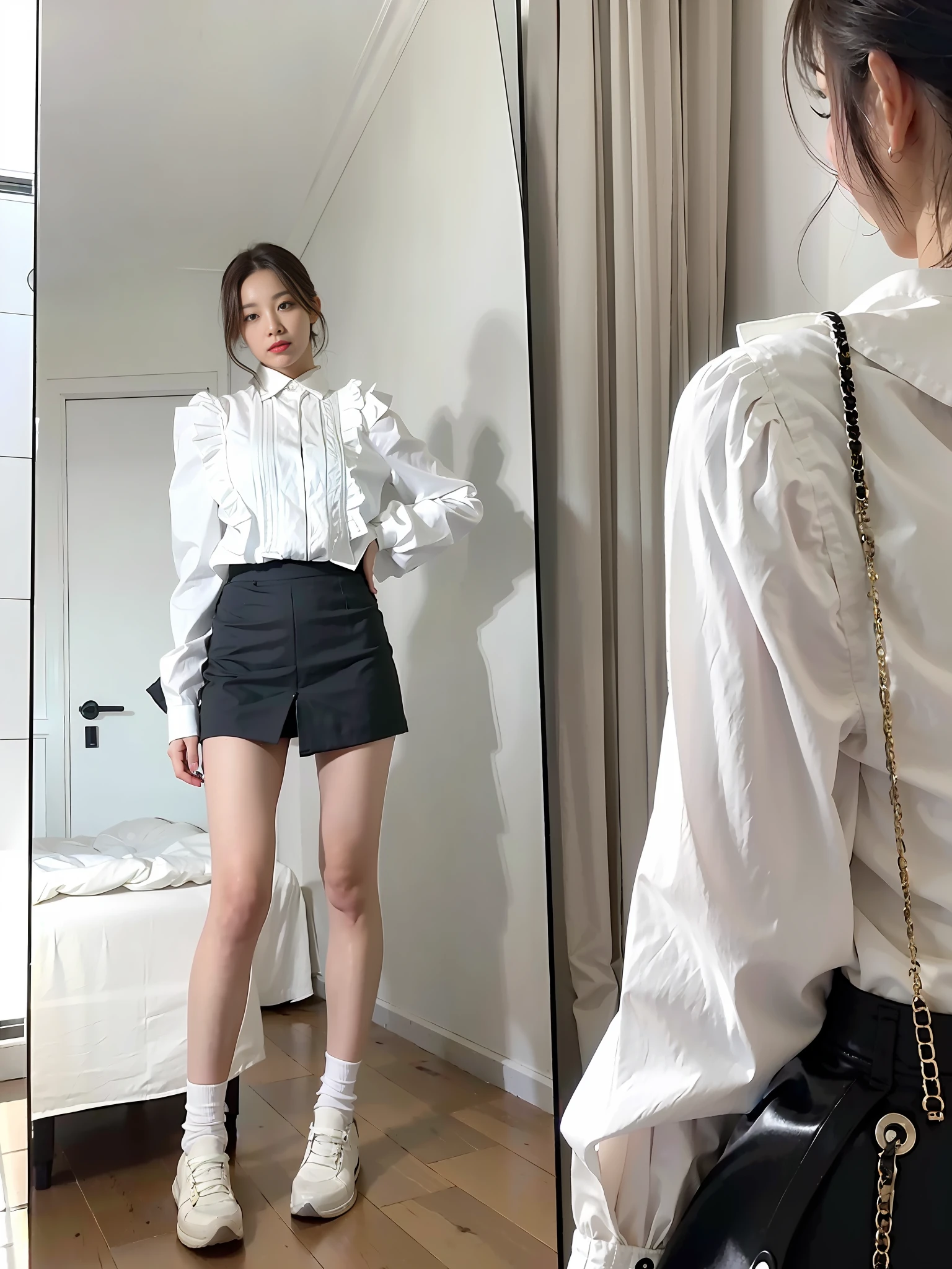 ((Best quality, 8k, Masterpiece :1.3)), Full body, Sharp focus :1.2, Perfect Body Beauty:1.4, Slim Abs: 1.2, ((Dark brown hair, Big breasts:1.2)), Long vest top: 1.1, (low light, street: 1.1), highly detailed face and skin texture, detailed eyes, double eyelids, there is a woman standing in front of the mirror, white shirt and gray skirt, white shirt, wearing a shirt, height 155 cm, height 165 cm, wearing skirt, thin white shirt, 19xx, full body; , pleated miniskirt, wearing white shirt, white ruffled shirt, mini skirt