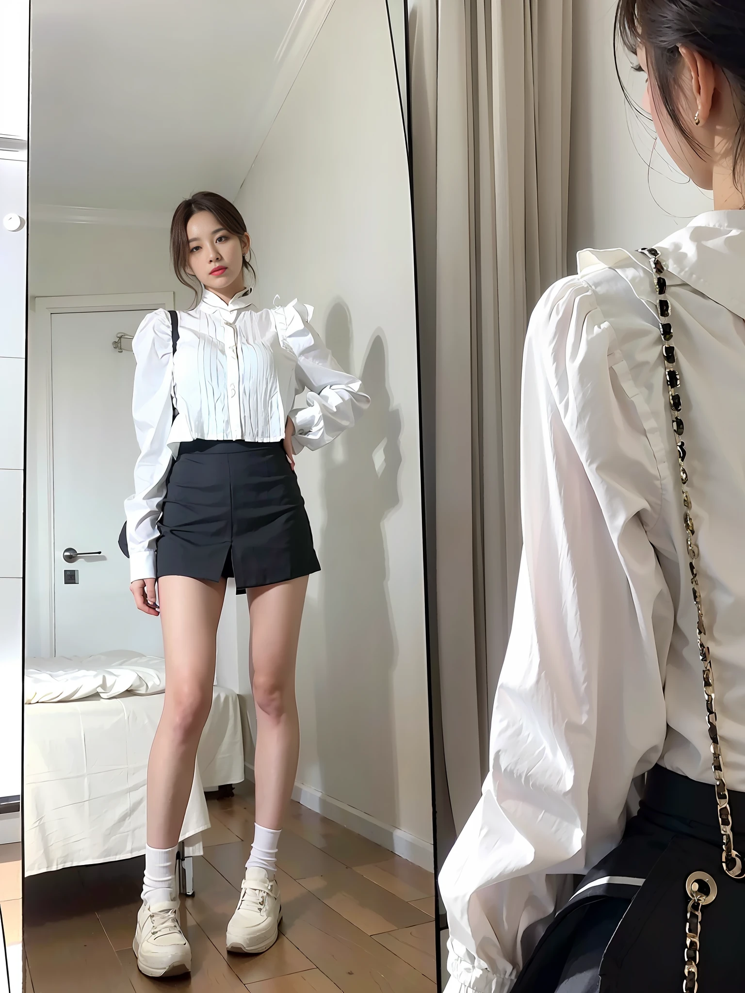 ((Best quality, 8k, Masterpiece :1.3)), Full body, Sharp focus :1.2, Perfect Body Beauty:1.4, Slim Abs: 1.2, ((Dark brown hair, Big breasts:1.2)), Long vest top: 1.1, (low light, street: 1.1), highly detailed face and skin texture, detailed eyes, double eyelids, there is a woman standing in front of the mirror, white shirt and gray skirt, white shirt, wearing a shirt, height 155 cm, height 165 cm, wearing skirt, thin white shirt, 19xx, full body; , pleated miniskirt, wearing white shirt, white ruffled shirt, mini skirt