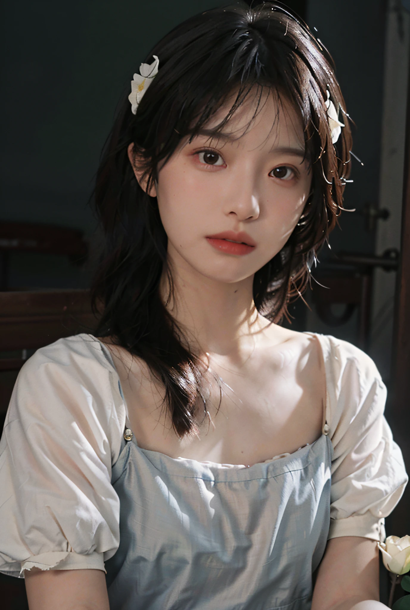 8K, Best Quality, Masterpiece, Ultra High Resolution, (Realism: 1.4), Original Photo, (Real Skin Texture: 1.3), (Film Grain: 1.3), (Selfie Angle), Broken Flower Chiffon Dress, 1 Girl, Beautiful Eyes and Face Details, Masterpiece, Best Quality, Close Up, Upper Body,