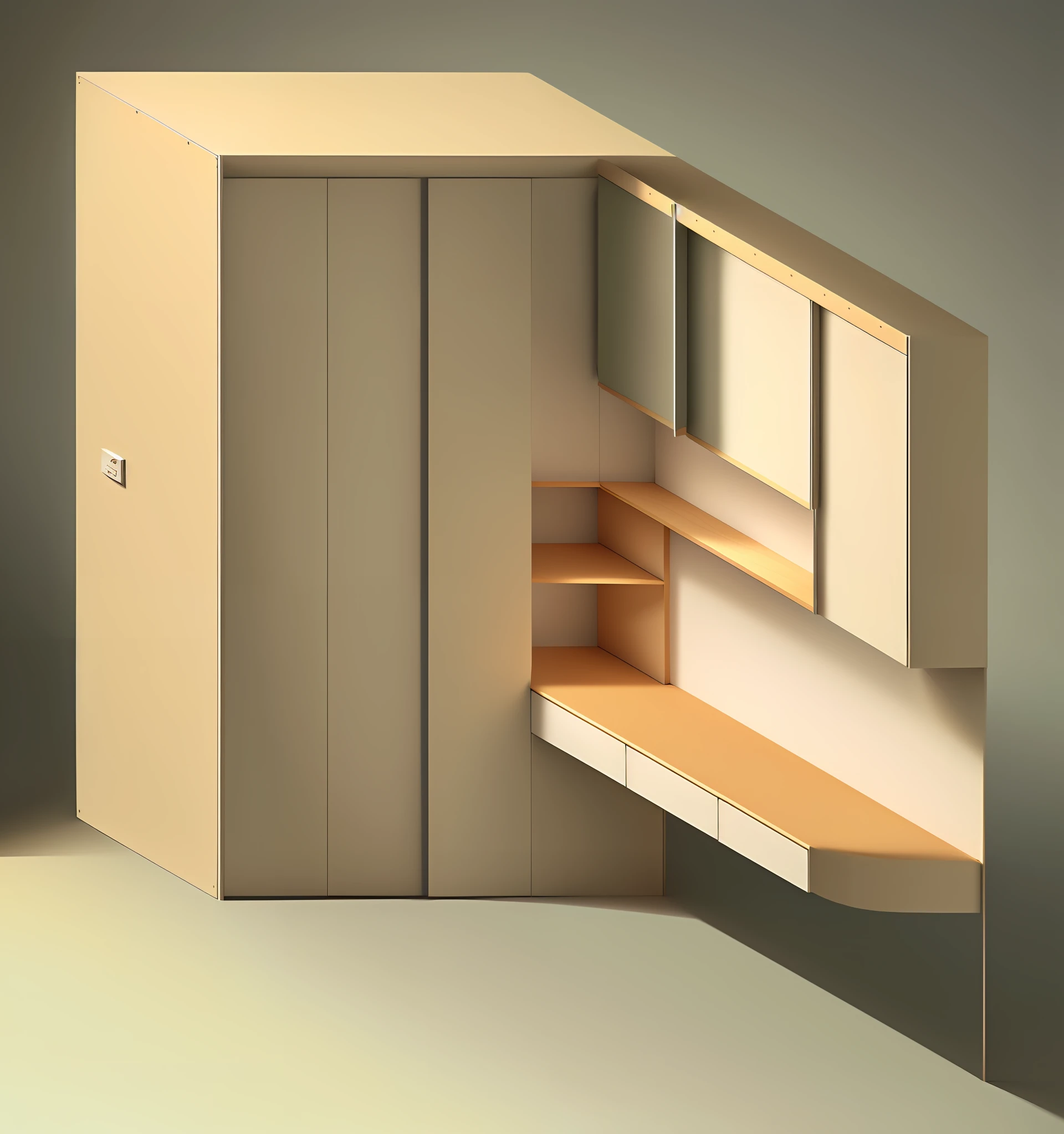 Drawing of room corners with wardrobe and desk, sloping wall, isometric side view, elastic box position, 3 doors, wardrobe, isometric view from rear, -step 50, 2 D axis overhead view, vertical orientation W 832, tilt, concept, isometric style, perspective, desk, book table top and bookshelf in matcha light green, 3d rendering, table corners in arc