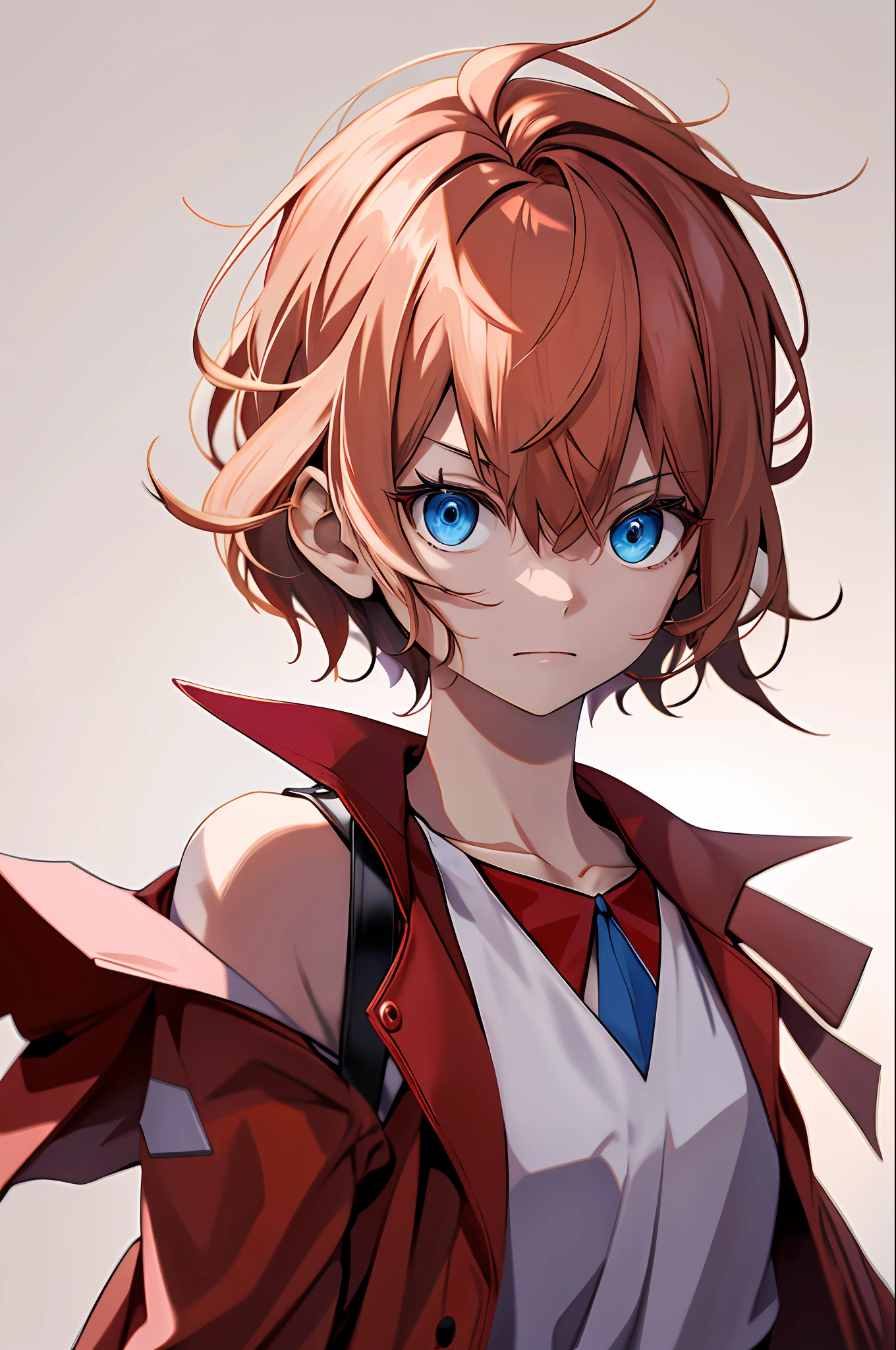 masterpiece, best quality, highres, serena \(pokemon\), short hair, blue eyes, 1girl, solo, blue ribbon, eyelashes, neck ribbon, sleeveless, bangs, collarbone, bare arms, pink dress , red coat, white background, front, no scenery, looking at the viewer,upper body, facing viewer, solid color background, clean background, facing the camera, high resolution, expressionless calm face, white back ground, looking away