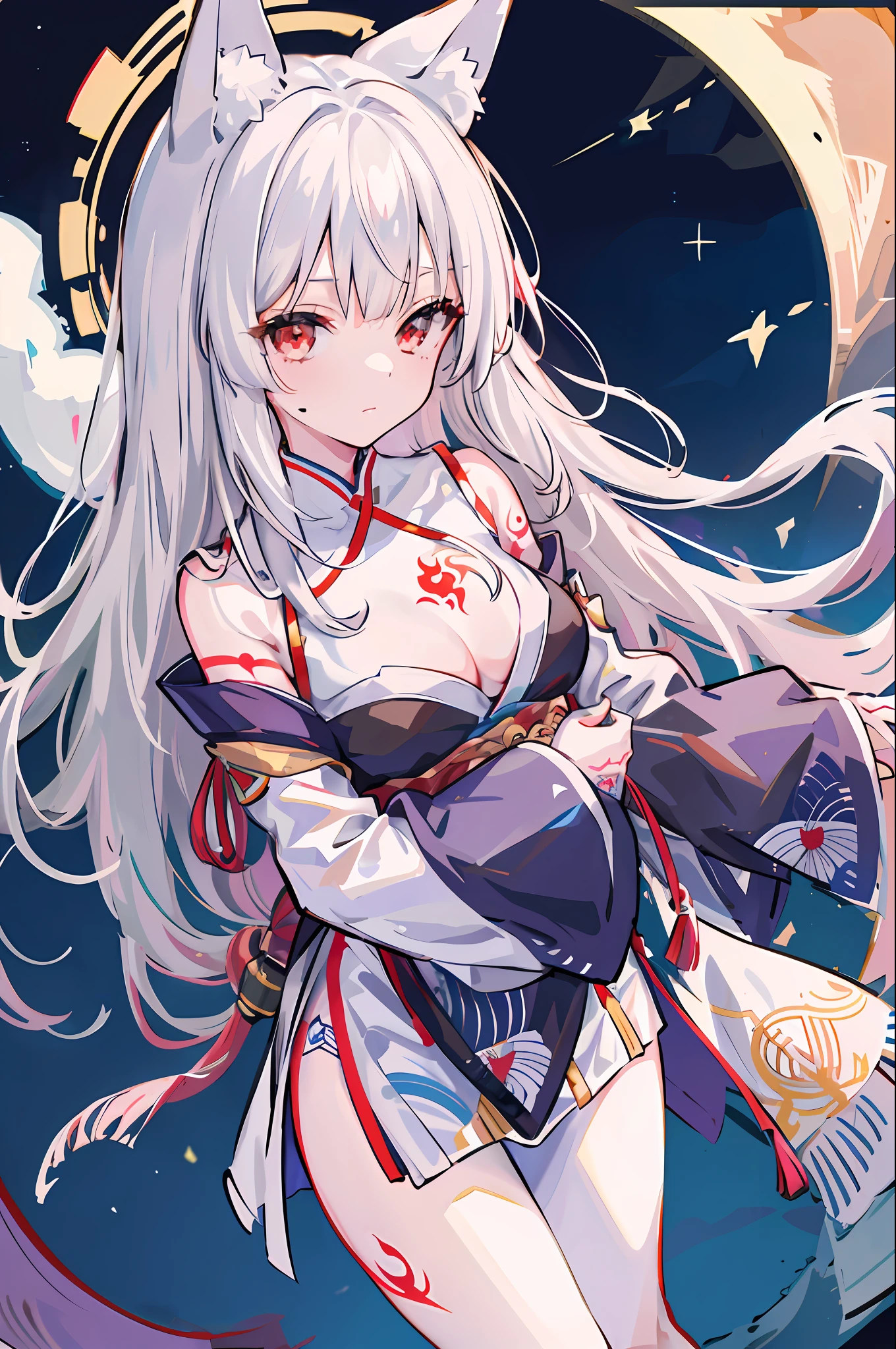 1 girl, moon, bird, star_\(sky\), long_hair, starry_sky, ((white_hair))), animal, wide_sleeves, night, flower, night_sky, hug, very_long_hair, full_moon, looking_at_viewer, ribbon_trim, ribbon trimmed_sleeves, long_sleeves, skirt, red_eyes, solo, japanese_clothes, sky, ((medium breasts)), ((erotic tattoo))), fox ears, fox tail, fox girl, slip dress