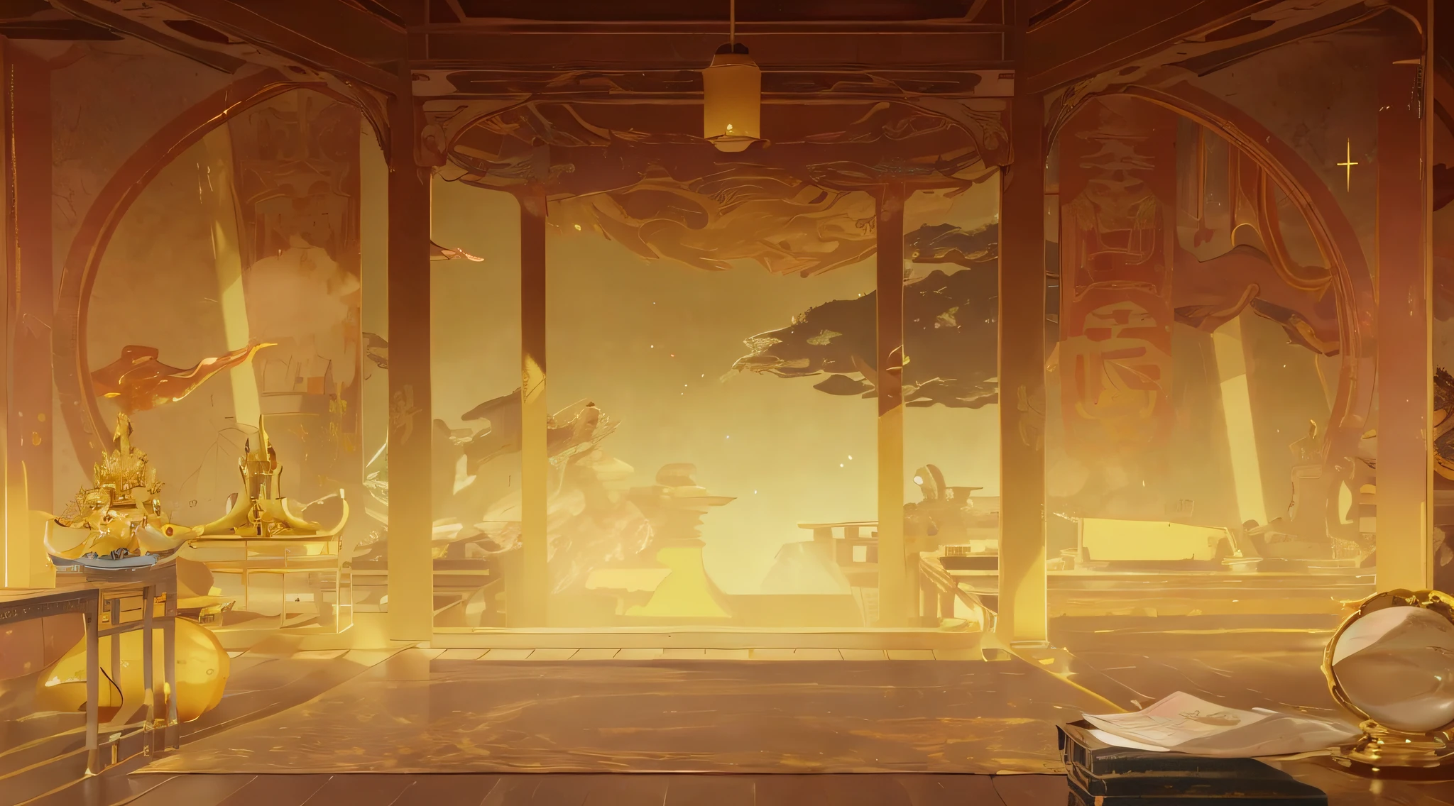 There is a room, flattened, inside it there is a table and a chair, interior background art, background art, anime background art, alchemist library background, anime background, relaxation concept art, ros tran. landscape background, temple background, personal room background, background depicting temple, anime landscape concept art, golden hour background, background artwork, zen temple background, palace background
