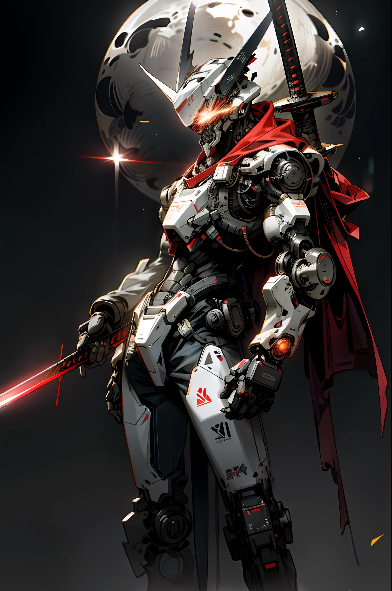 On the moon, a black and red mech is glowing, holding a long sword, there is no human, accompanied by the robot, the robot's eyes are also flashing and glowing, surrounded by a science fiction city standing under neon lights, at this moment he seems to appear in a real and illusory world, the background of the galaxy is embellished with poetic neon lights, creating a cyberpunk-like sense of the future.