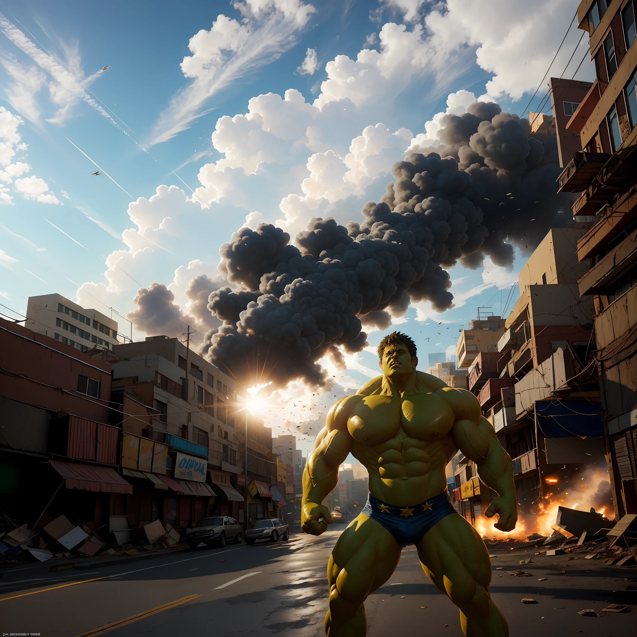 hulk, superhero, upper body shot, muscles bulging, streets, day, debris flying in the background, dramatic lighting, intricate details, masterpiece, absurdres, best quality, realistic, Highest Quality, (diffused soft light), dramatic lighting, highly detailed photo