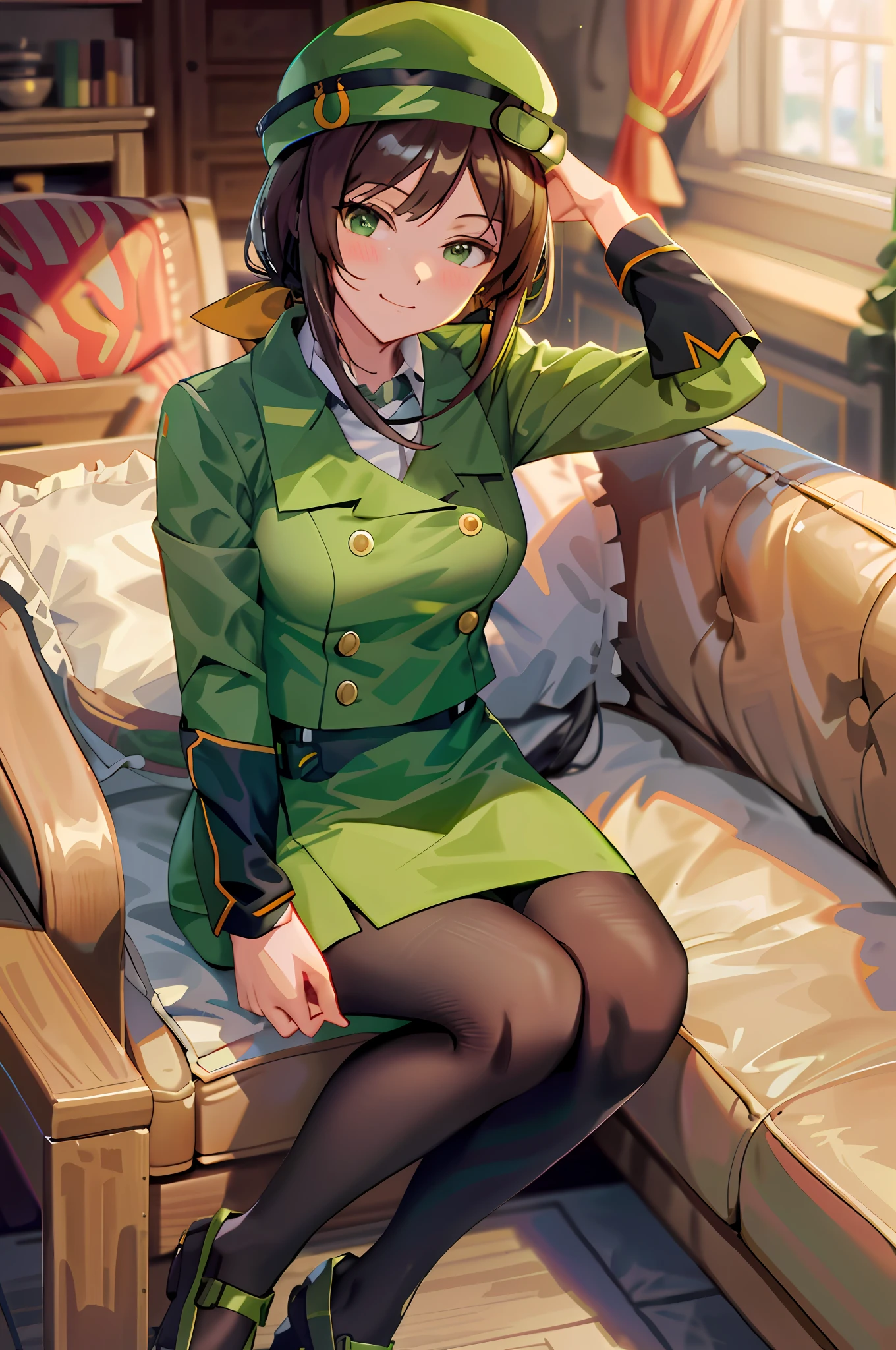 anime girl in green uniform sitting on a couch in a living room, marin kitagawa fanart, anya from spy x family, makoto, fine details. girls frontline, makoto shinka, girls frontline style, attractive anime girl, from girls frontline, smooth anime cg art, cute anime girl, girls frontline cg, seductive anime girl, beautiful anime girl