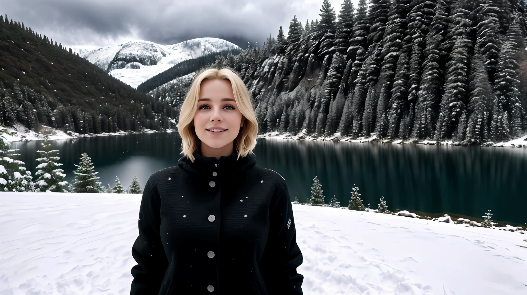 A blonde woman, ((upper body portrait, happy)), nature, mountain lake, ((snowy weather)), ((late afternoon)), ((black clothing)), pine trees at the foot of the mountain, cold clothes, realistic lighting, realistic shadows, ultra realistic, photorealistic, 8K, Full HD