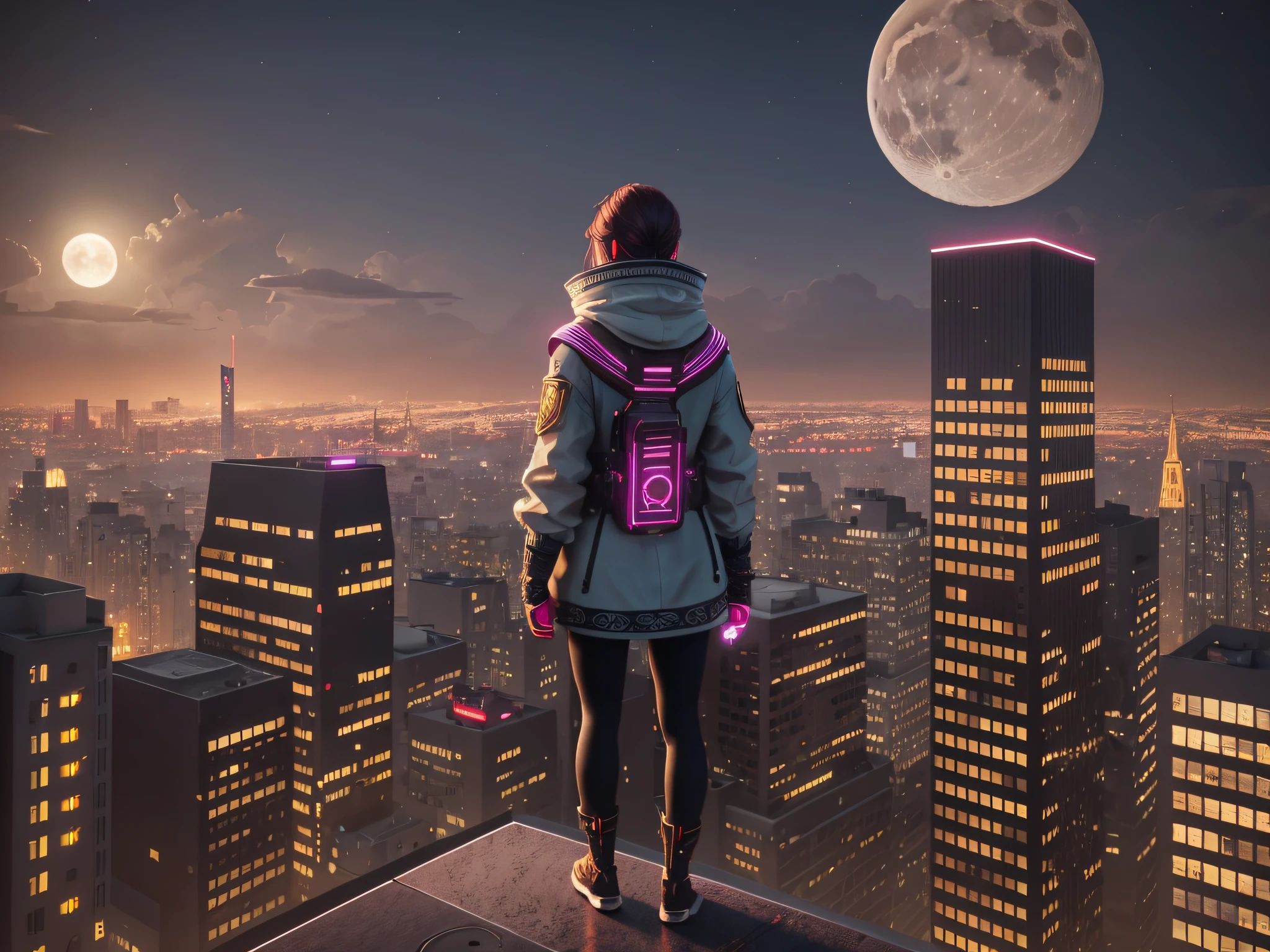a photo of 8k ultra realistic beautiful sad girl standing on top of building, watching the city burn , full moon night , full city visible , intricate red and light cloudy yellow , ornate, cinematic lighting, trending on artstation, 4k, hyperrealistic, focused, high details, unreal engine 5, cinematic --ar 9:16:: --v 4:: --v 4 --auto --s2