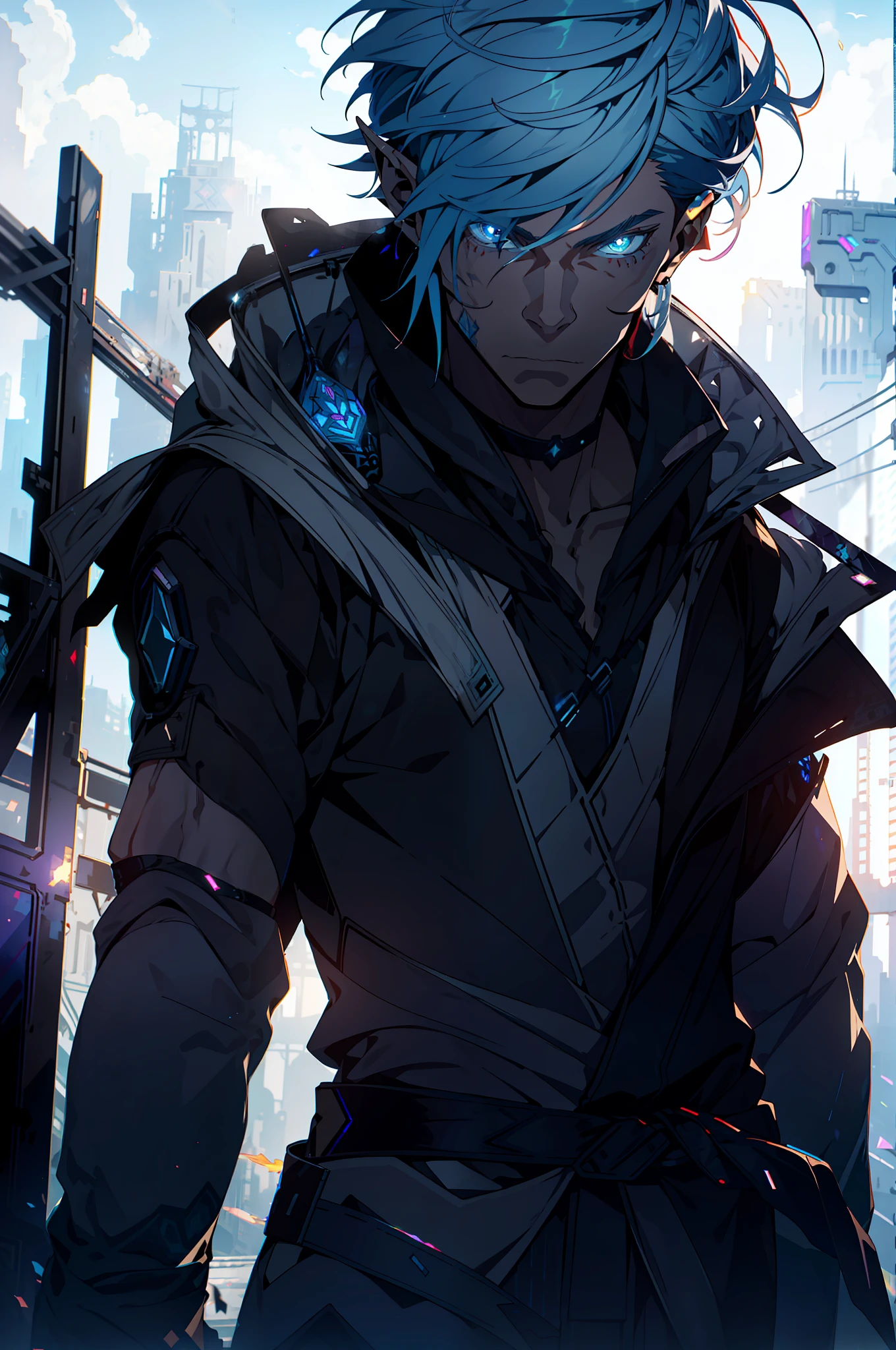 Cyberpunk Man, Elf Ear, Fantasy World, Dark Background, Clean Design, Epic Instagram, Artstation, Colorful Paint Splash, Silhouette, Ultra Detailed Intricate Details, Unreal Engine, Fantasy, Intricate Details, Start Screen, Complementary Colors, Fantasy Concept Art, 8K Resolution, Deviantart Masterpiece, Oil Painting, Heavy Stroke, Paint Drip, (Isolated on White Background: 1.3), Rainbow Skin, (((Handsome Young Man))) , ((teenage:1.4)), (glowing blue eyes), ((eyes have light)), (short white hair: 1.1))), ((black)), (prince\\(indifferent expression\\), (((wearing high-detail luxury black robe))), white hair, elf ears, frost magic, ((pectoral muscles) --v 6