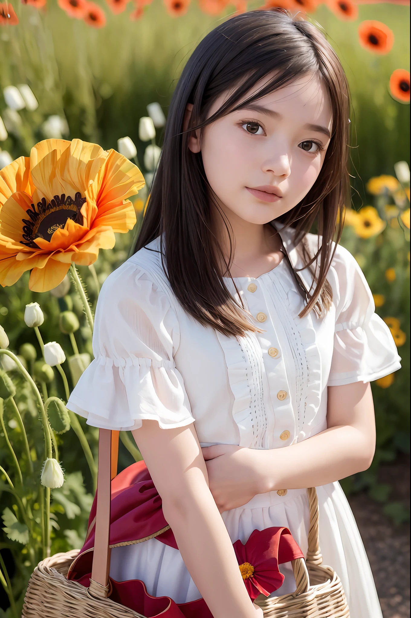 (pixarstyle:1.25) waist-length portrait of girl holding basket of flowers, overgrown poppy flowers, natural skin texture, 4K texture, HDR, complex, highly detailed, sharp focus, cinematic look, ultra detailed
