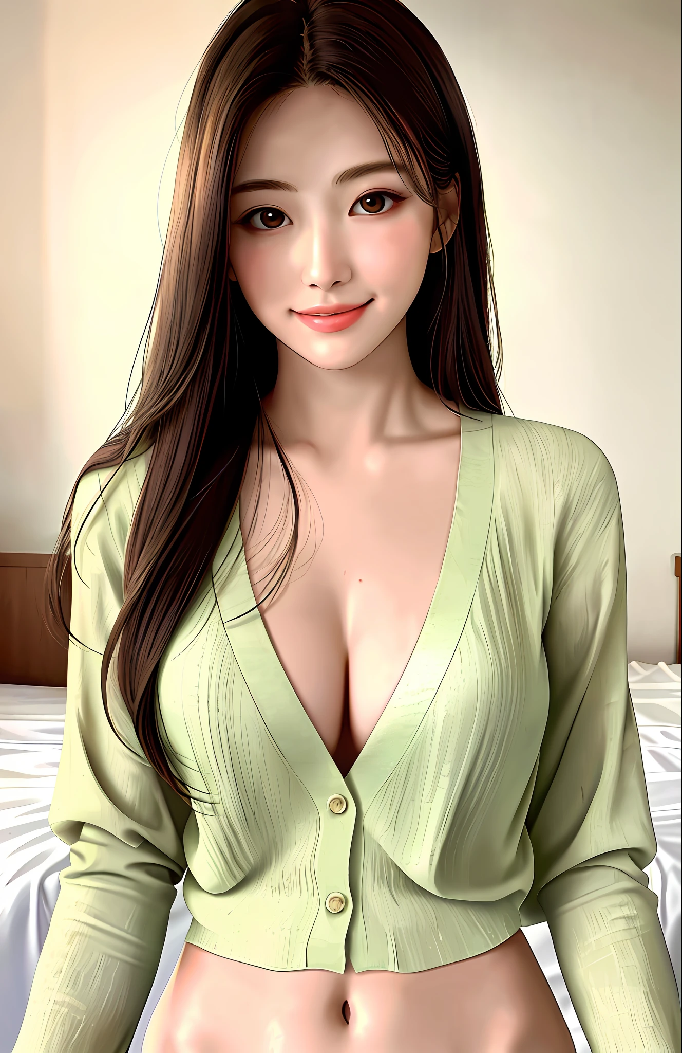 Super beautiful, high resolution, masterpiece, super realistic, a sunny beautiful beauty, elegant and generous, 22 years old, delicate collarbone, beautiful and delicate face, smile, beautiful big eyes, smart and spiritual, perfect body, bedroom, cardigan shirt, thong, bright lights