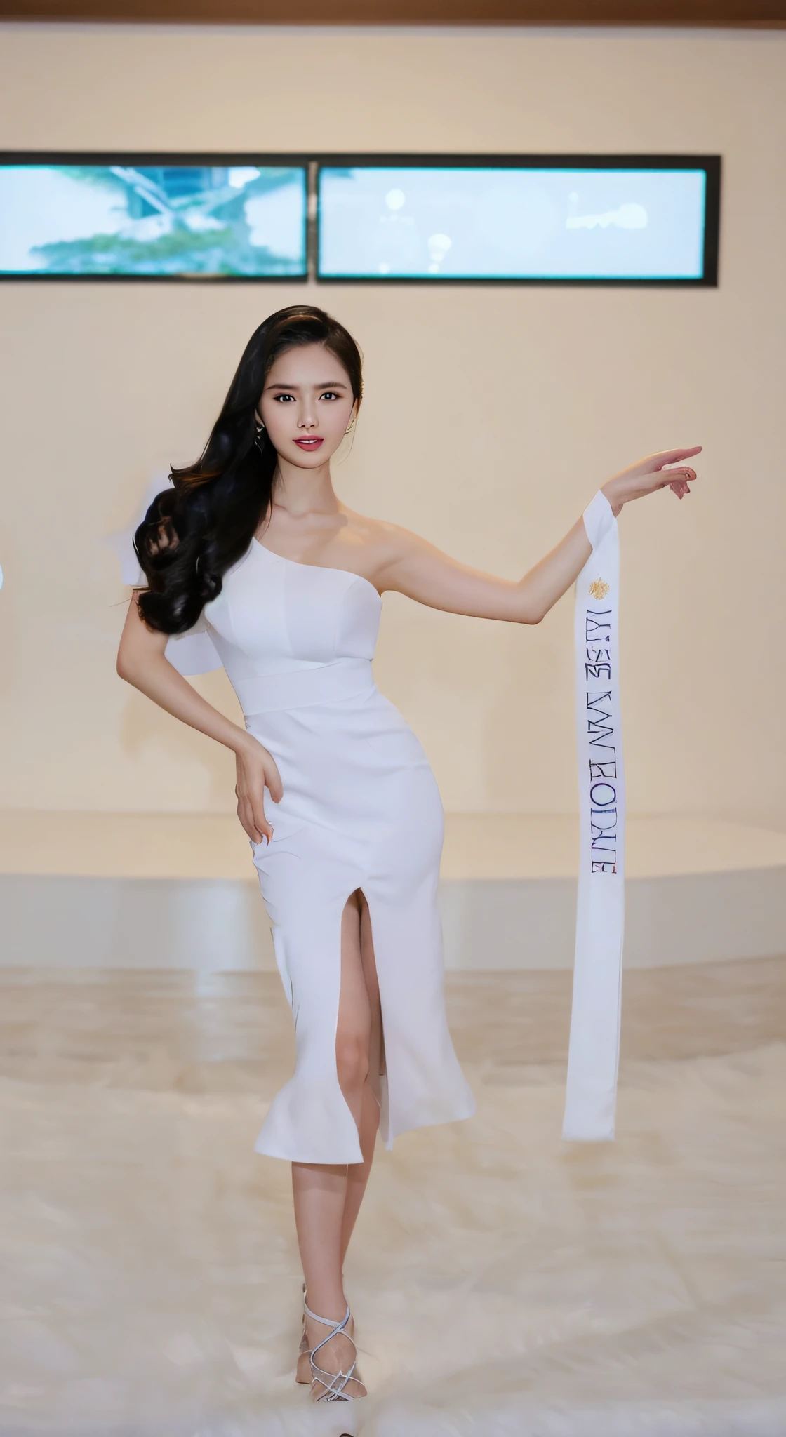 a woman in a white dress holding a sash and posing for a picture, wearing long gown, cindy avelino, mai anh tran, in style of lam manh, by Robbie Trevino, ๐น๏ธ ๐ ๐ซ ๐ค ๐ฌ, by Byron Galvez, dress, full body length, miss universe, ๐คฌ ๐คฎ ๐ ๐, by Natasha Tan