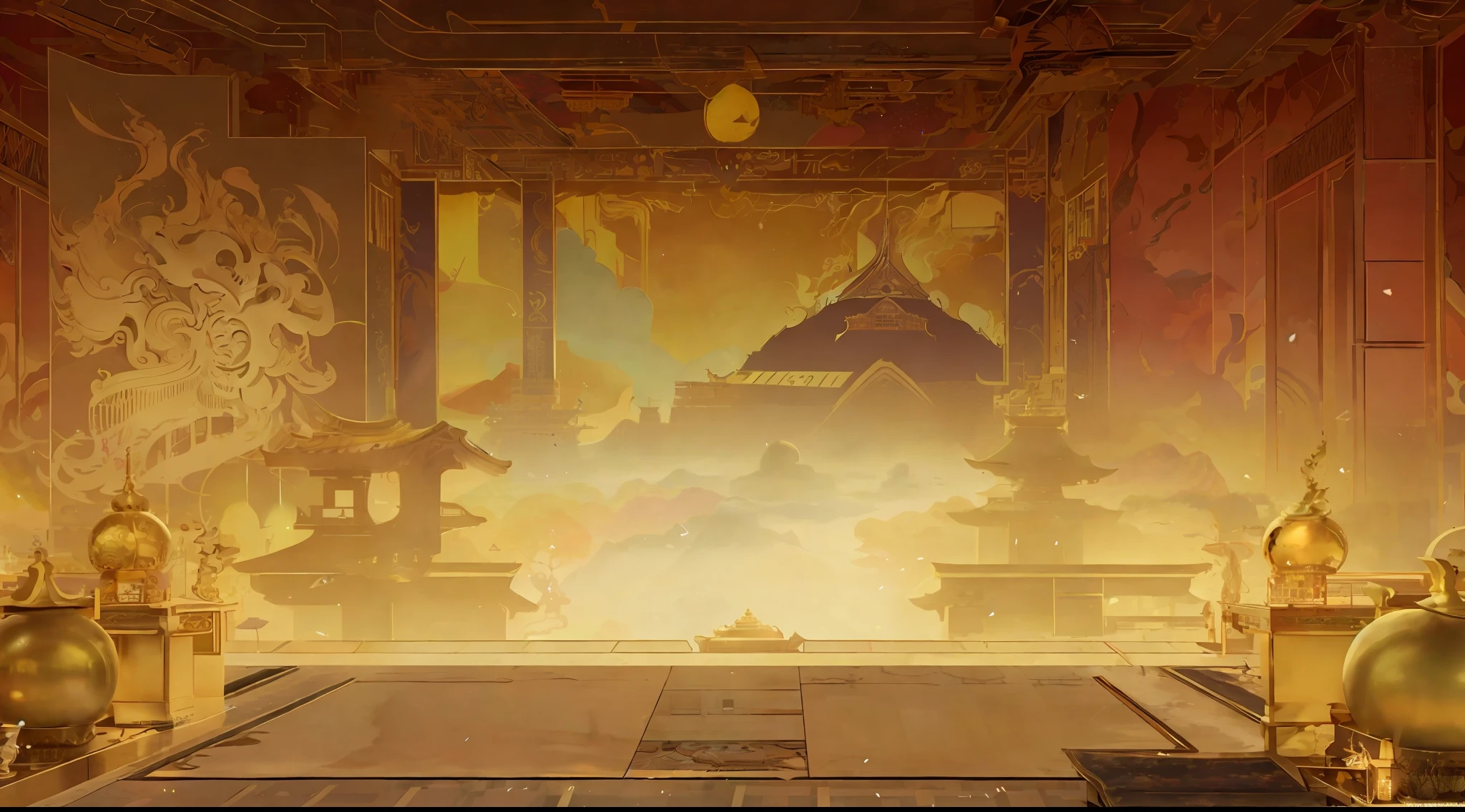 There is a room, flattened, inside it there is a table and a chair, interior background art, background art, anime background art, alchemist library background, anime background, relaxation concept art, ros tran. landscape background, temple background, personal room background, background depicting temple, anime landscape concept art, golden hour background, background artwork, zen temple background, palace background