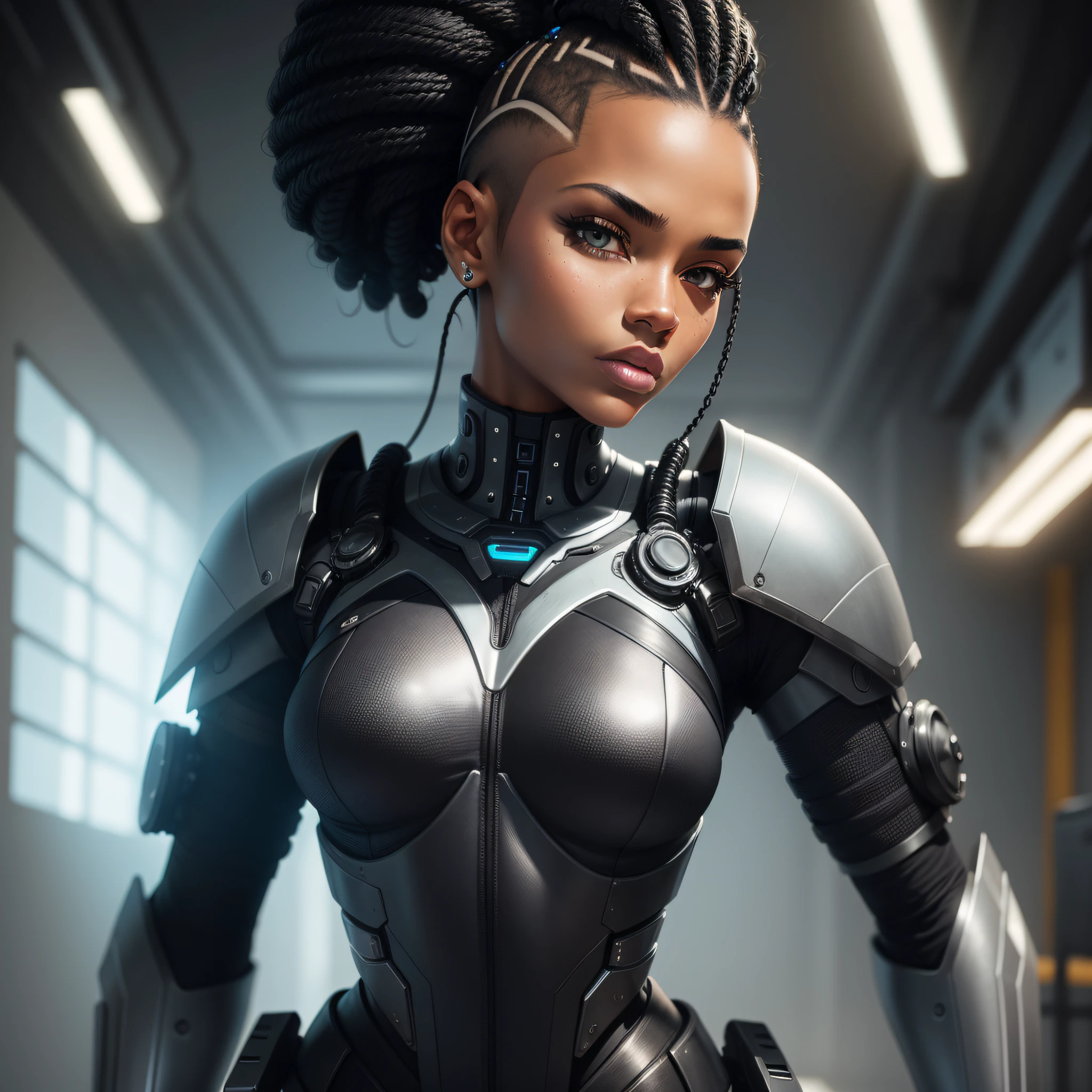 (detailed description) (high quality) cybernetic black woman with side of hair shaved