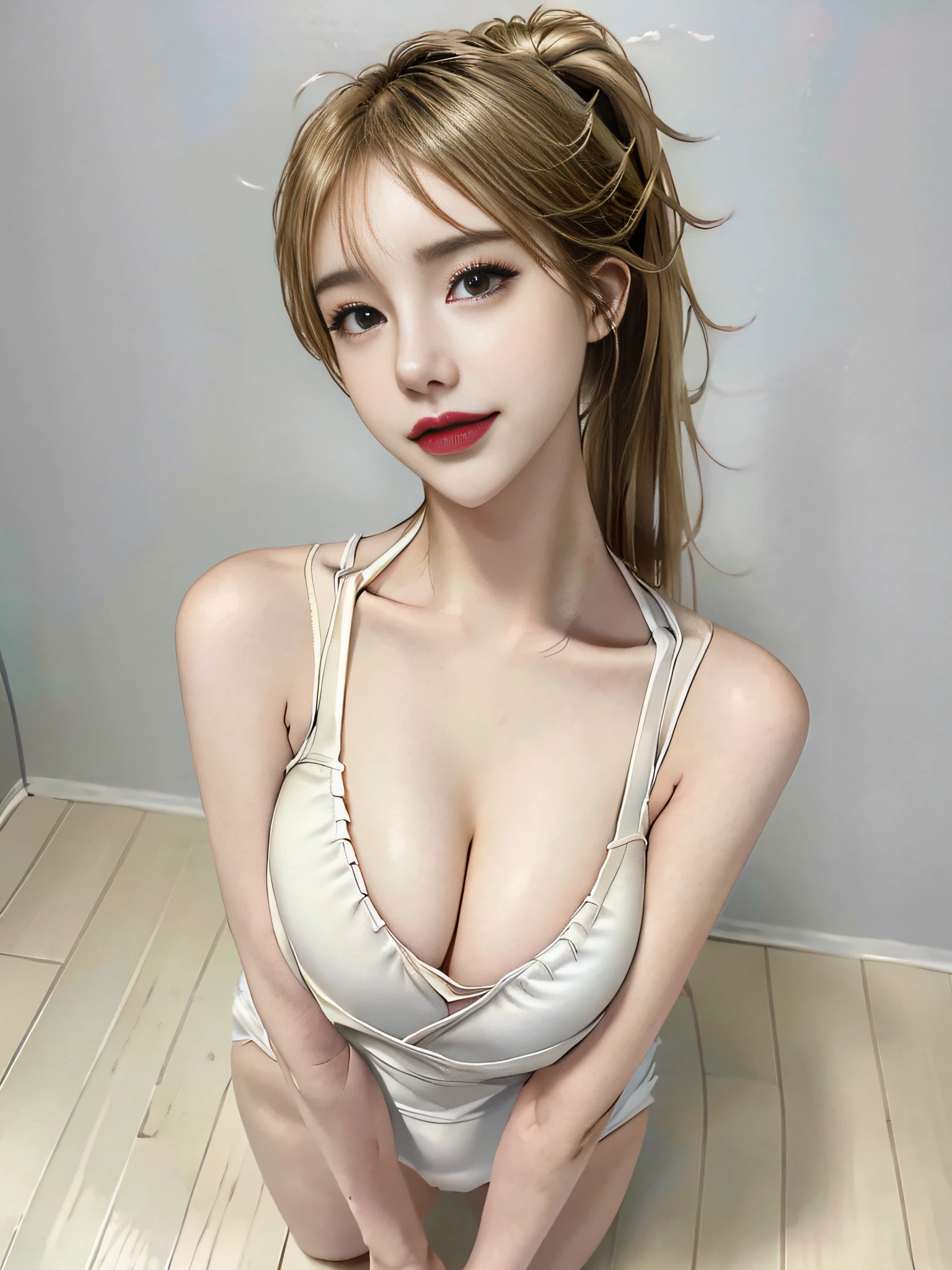 1girl, top quality, masterpiece, illustration, very delicate and beautiful, highly detailed, CG, unity, 8k wallpaper, amazing, attention to detail, masterpiece, highest quality, official art, highly detailed CG unity 8k wallpaper, ridiculous, incredibly ridiculous, huge file size, super detailed, high resolution, very detailed, beautiful detailed girl, very detailed eyes and face, beautiful detailed eyes, ( RAW photos, highest quality), (realistic, photorealistic: 1.3), full body, full body shot, white micro bikini, white slippery catecateca, tiny bikini, (big breasts)))),(side breasts, lower breasts))), thigh gaps, (((triangular face)), (((blonde)), ponytail, (big governor's eyes), (puffy eyes))), ( (big breasts)))), (delusional breasts)), ( K-pop idol), (charming), bangs, skinny, ((posing)), (smile), happy, looking at the viewer, facing the front, ((((cleavage)))), waist constriction, sexy, young, droopy eye makeup, seduction, eyeliner, long eyelashes, blushing cheeks, smile, boob emphasis, crotch emphasis, arms raised, armpits, huge, very big, ((((no background)))), plain wall, no light,