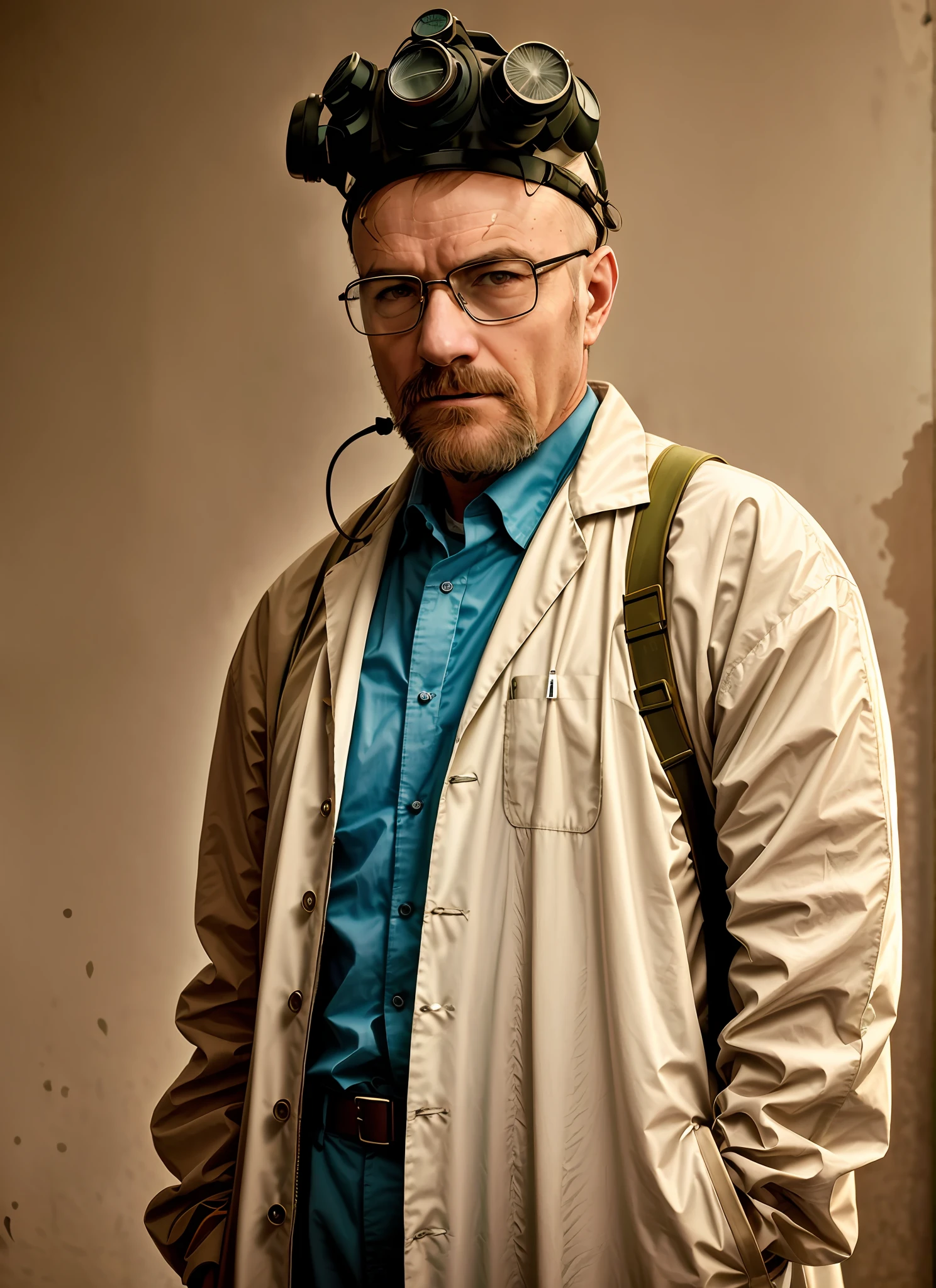A stunning intricate full colour upper body photo of man wearing glasses, (wearing a lab coat and a gas mask on the head), bald,
epic character composition,
by ilya kuvshinov, alessio albi, nina masic,
sharp focus, natural lighting, subsurface scattering, f2, 35mm, film grain