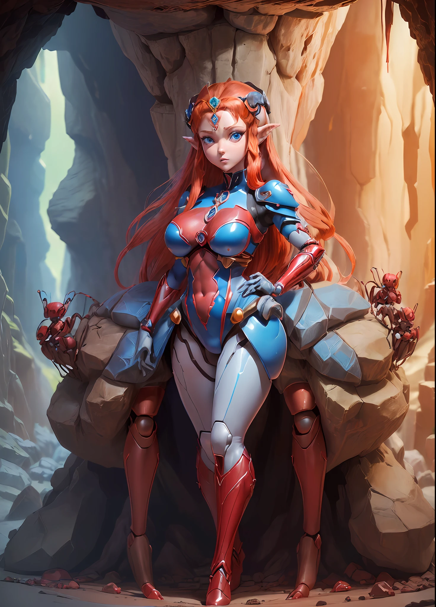 (((Full body, Princess Zelda as humanoid ant, Red hair, blue eyes, big breasts, red bionic ant body suit, in a cave with giant ants, 16k, highres, best quality, award-winning, high details, anatomically correct, masterpiece, UHD, ccurate, retina)))