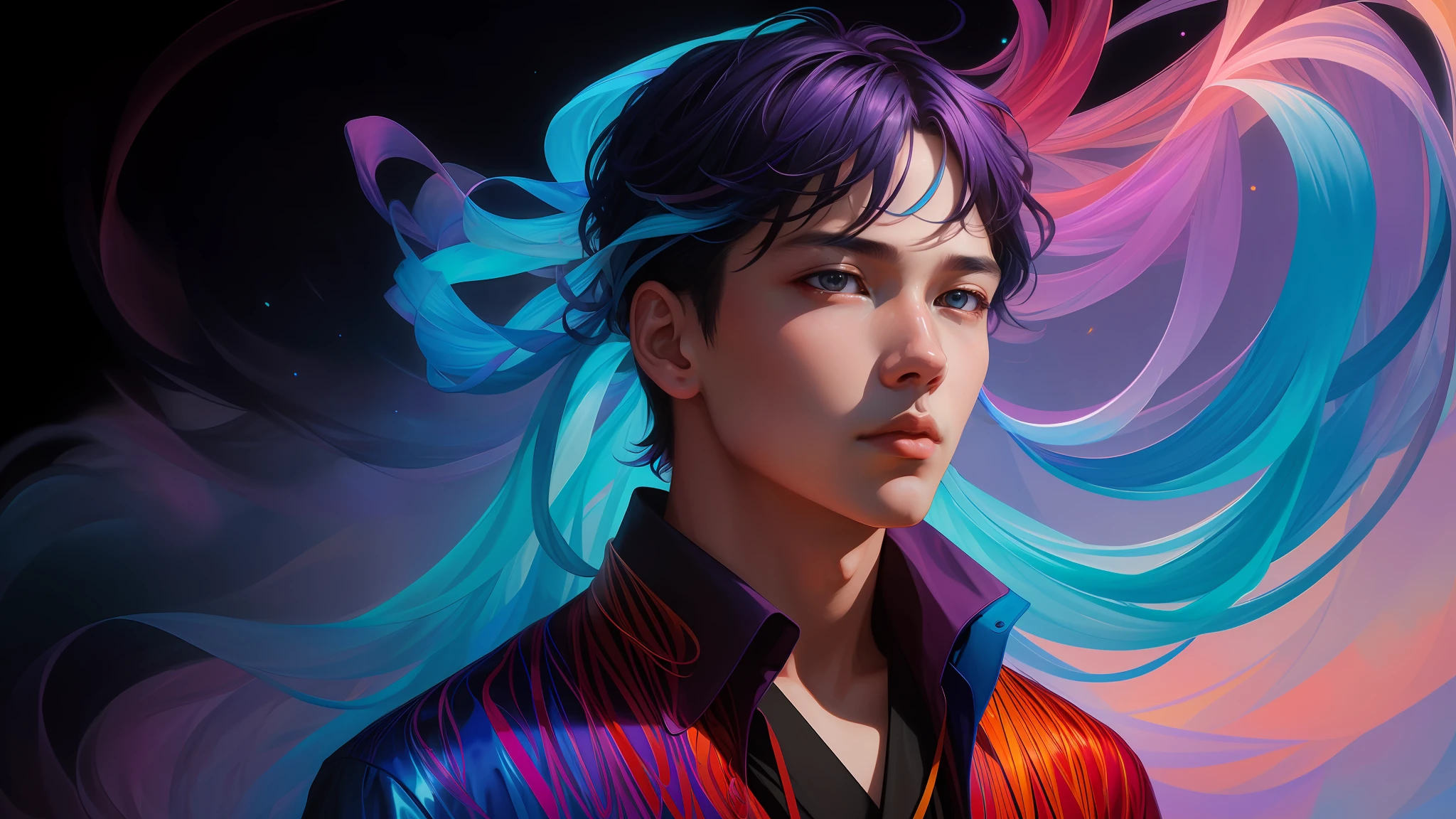 _james jean, floating male figure made of ribbons, smoke, in the sky, colorful and vibrant, mystical colors, contemporary impressionism, yanjun cheng portrait painting, iridescent painting, 3/4 perspective vision, cute face, low angle, sweeping circular composition, large beautiful crystal eyes, large iris, UHD, HDR, 8K, (masterpiece: 1.5), (the most beautiful portrait in the world: 1.5)