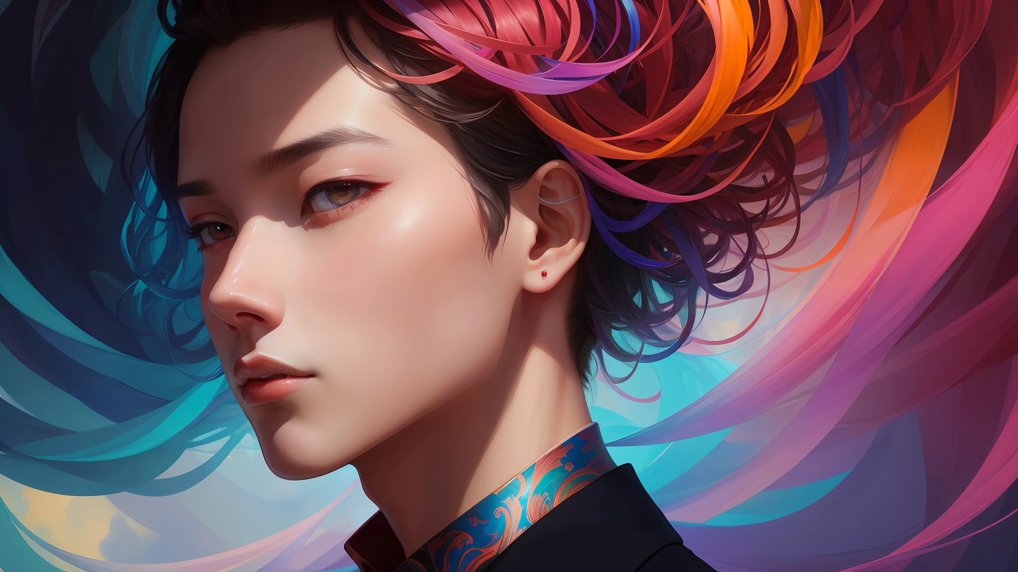 _james jean, floating male figure made of ribbons, smoke, in the sky, colorful and vibrant, mystical colors, contemporary impressionism, yanjun cheng portrait painting, iridescent painting, 3/4 perspective vision, cute face, low angle, sweeping circular composition, large beautiful crystal eyes, large iris, UHD, HDR, 8K, (masterpiece: 1.5), (the most beautiful portrait in the world: 1.5)