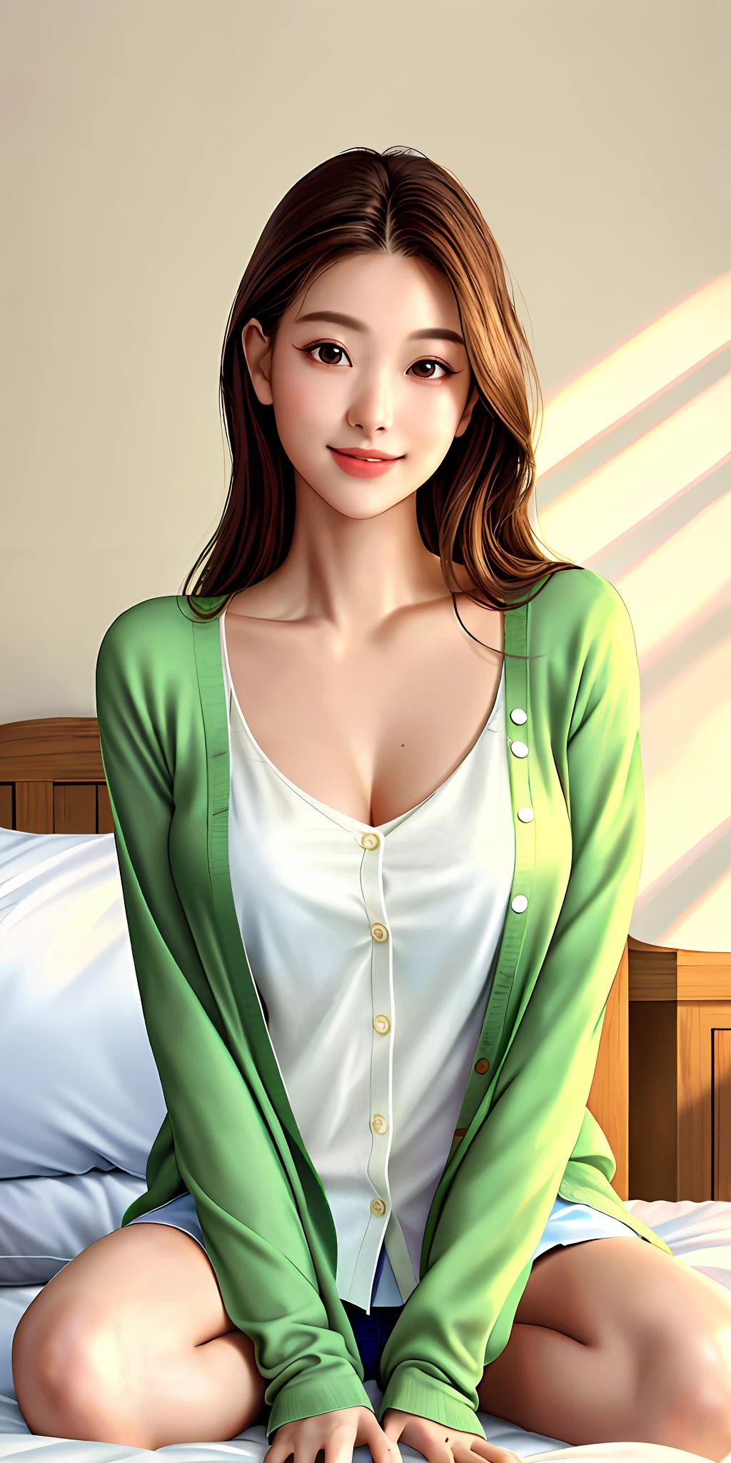 Super beautiful, high resolution, masterpiece, super realistic, full body photo, a sunny beautiful beauty, elegant and generous, 22 years old, delicate collarbone, beautiful and delicate face, smile, beautiful big eyes, smart and spiritual, perfect body, bedroom, cardigan shirt, tong, bright light