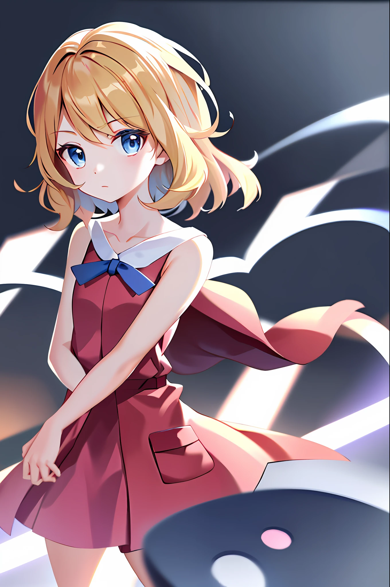 masterpiece, best quality, highres, serena \(pokemon\), short hair, blue eyes, 1girl, solo, blue ribbon, eyelashes, neck ribbon, sleeveless, bangs, collarbone, bare arms, pink dress , red coat, white background, front, no scenery, looking at the viewer,upper body, facing viewer, solid color background, clean background, facing the camera, high resolution, expressionless calm face, white back ground, looking away