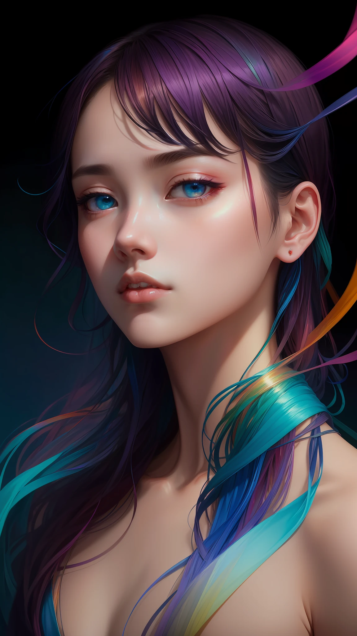 _james jean, floating male figure made of ribbons, smoke, in the sky, colorful and vibrant, mystical colors, contemporary impressionism, yanjun cheng portrait painting, iridescent painting, 3/4 perspective vision, cute face, low angle, sweeping circular composition, large beautiful crystal eyes, large iris, UHD, HDR, 8K, (masterpiece: 1.5), (the most beautiful portrait in the world: 1.5)