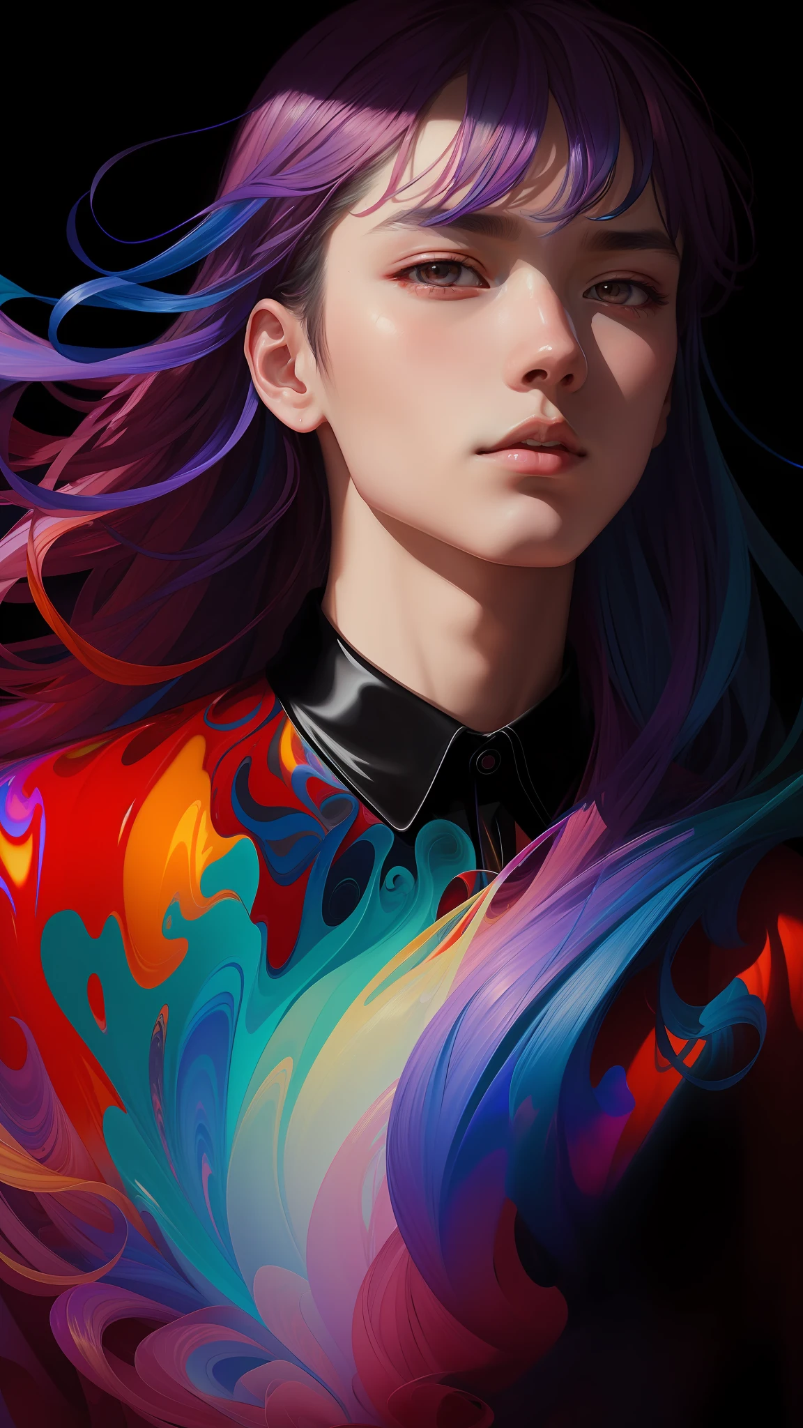 _james jean, floating male figure made of ribbons, smoke, in the sky, colorful and vibrant, mystical colors, contemporary impressionism, yanjun cheng portrait painting, iridescent painting, 3/4 perspective vision, cute face, low angle, sweeping circular composition, large beautiful crystal eyes, large iris, UHD, HDR, 8K, (masterpiece: 1.5), (the most beautiful portrait in the world: 1.5)