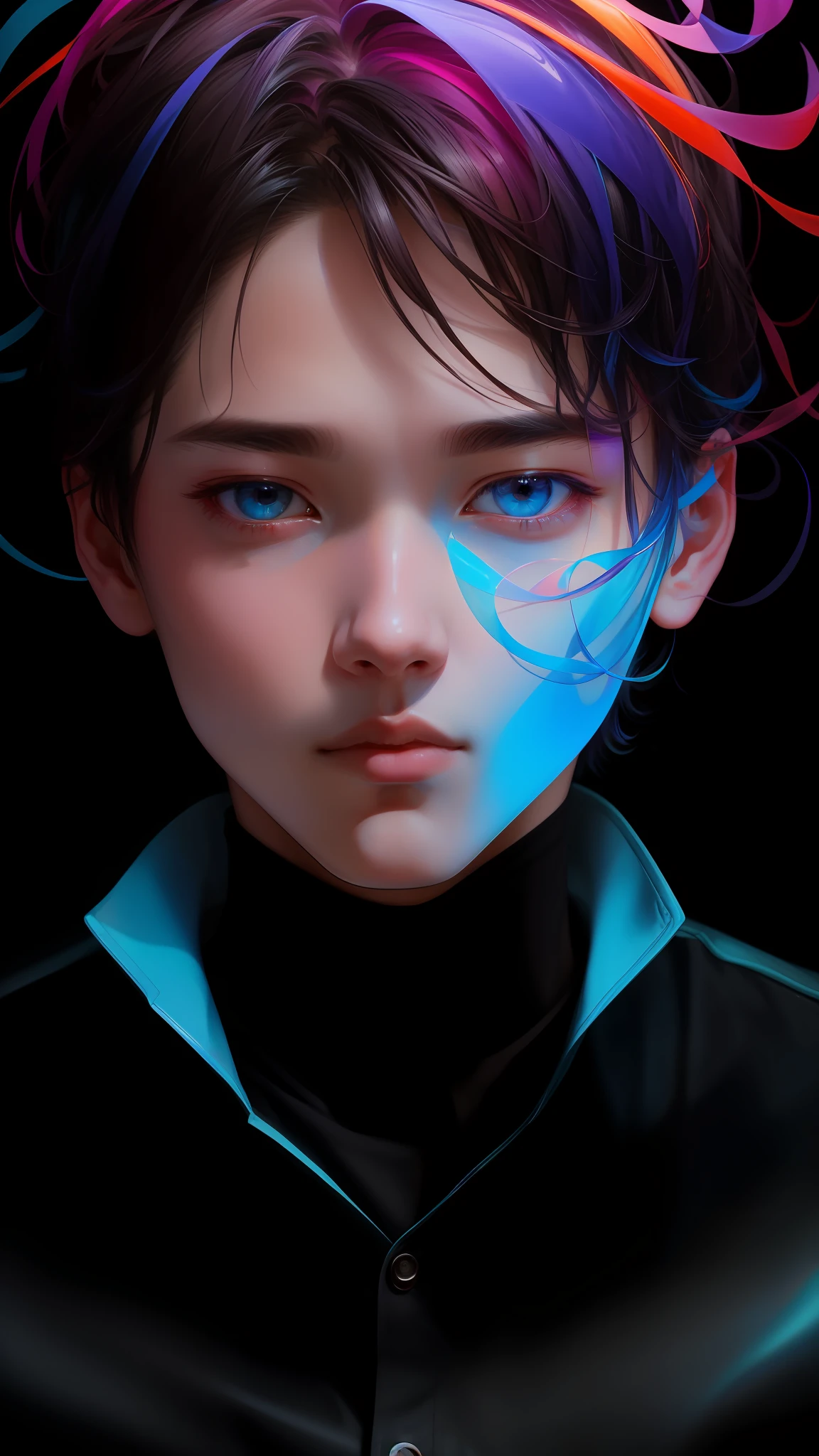 _james jean, floating male figure made of ribbons, smoke, in the sky, colorful and vibrant, mystical colors, contemporary impressionism, yanjun cheng portrait painting, iridescent painting, 3/4 perspective vision, cute face, low angle, sweeping circular composition, large beautiful crystal eyes, large iris, UHD, HDR, 8K, (masterpiece: 1.5), (the most beautiful portrait in the world: 1.5)