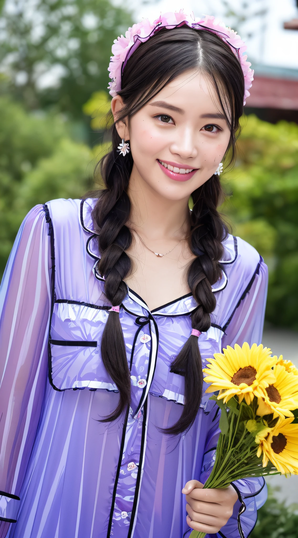 DSLR camera shot, girl, cute long hair, wet hair, braids, details, perfect face, delicate facial features, smile, shyness, light makeup, pink lips, fair skin, face stained with water, ((colored headband,)) Lolita, amber pupils, smile, fringed earrings, light T-shirt, collarbone chain, outdoor, 8k resolution, perfect face, glowing skin, high detail, higher quality, blue sky and white clouds, big eyes, happy laugh, black hair, slightly curly, ((bluish purple transparent pajamas, Holding a bouquet of flowers in his hand)), take a boat tour of Guilin's landscapes