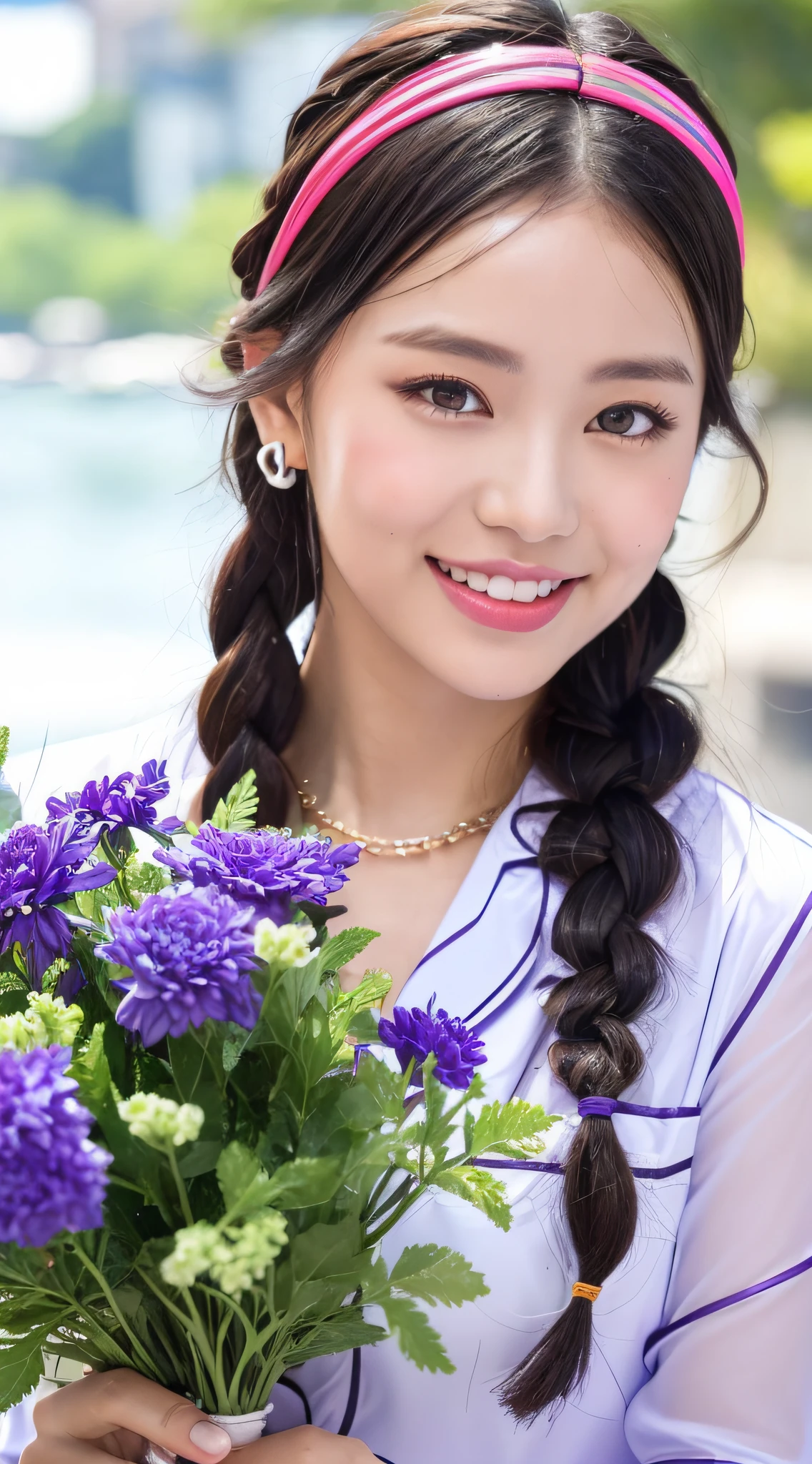 DSLR camera shot, girl, cute long hair, wet hair, braids, details, perfect face, delicate facial features, smile, shyness, light makeup, pink lips, fair skin, face stained with water, ((colored headband,)) Lolita, amber pupils, smile, fringed earrings, light T-shirt, collarbone chain, outdoor, 8k resolution, perfect face, glowing skin, high detail, higher quality, blue sky and white clouds, big eyes, happy laugh, black hair, slightly curly, ((bluish purple transparent pajamas, Holding a bouquet of flowers in his hand)), take a boat tour of Guilin's landscapes