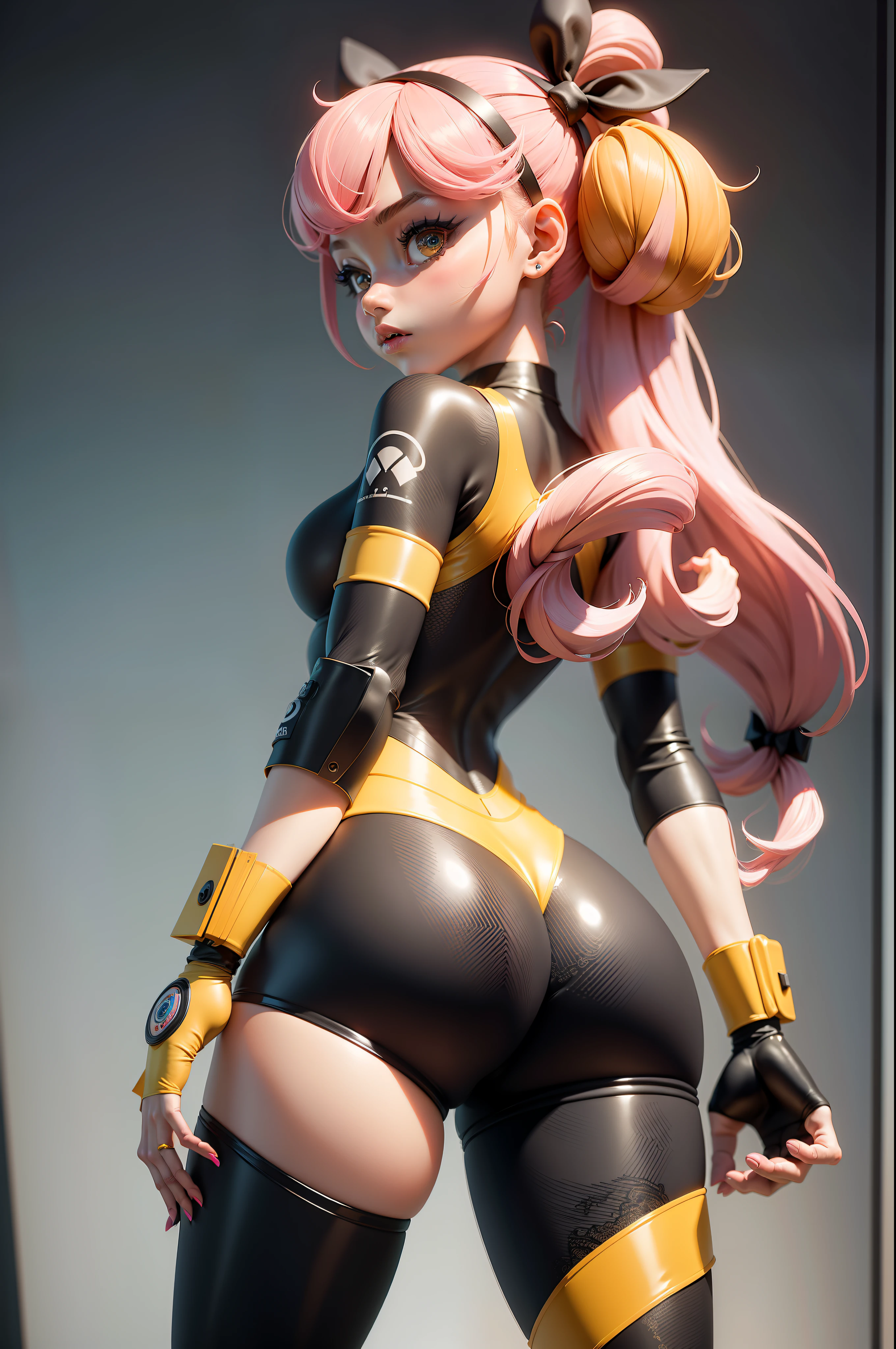 3dmm style, (masterpiece, best quality), intricate details, 1girl, solo, bea\(pokemon\), bow hair band, printed shirt, tied shirt, black bodysuit, bodysuit under clothes, single glove, print shorts, knee pads, barefoot, cowboy shot, looking to the side from back, arms crossed, yellow clothing, pink hair, mysterious look, wide shot, long shot, wearing high heels on feet,
