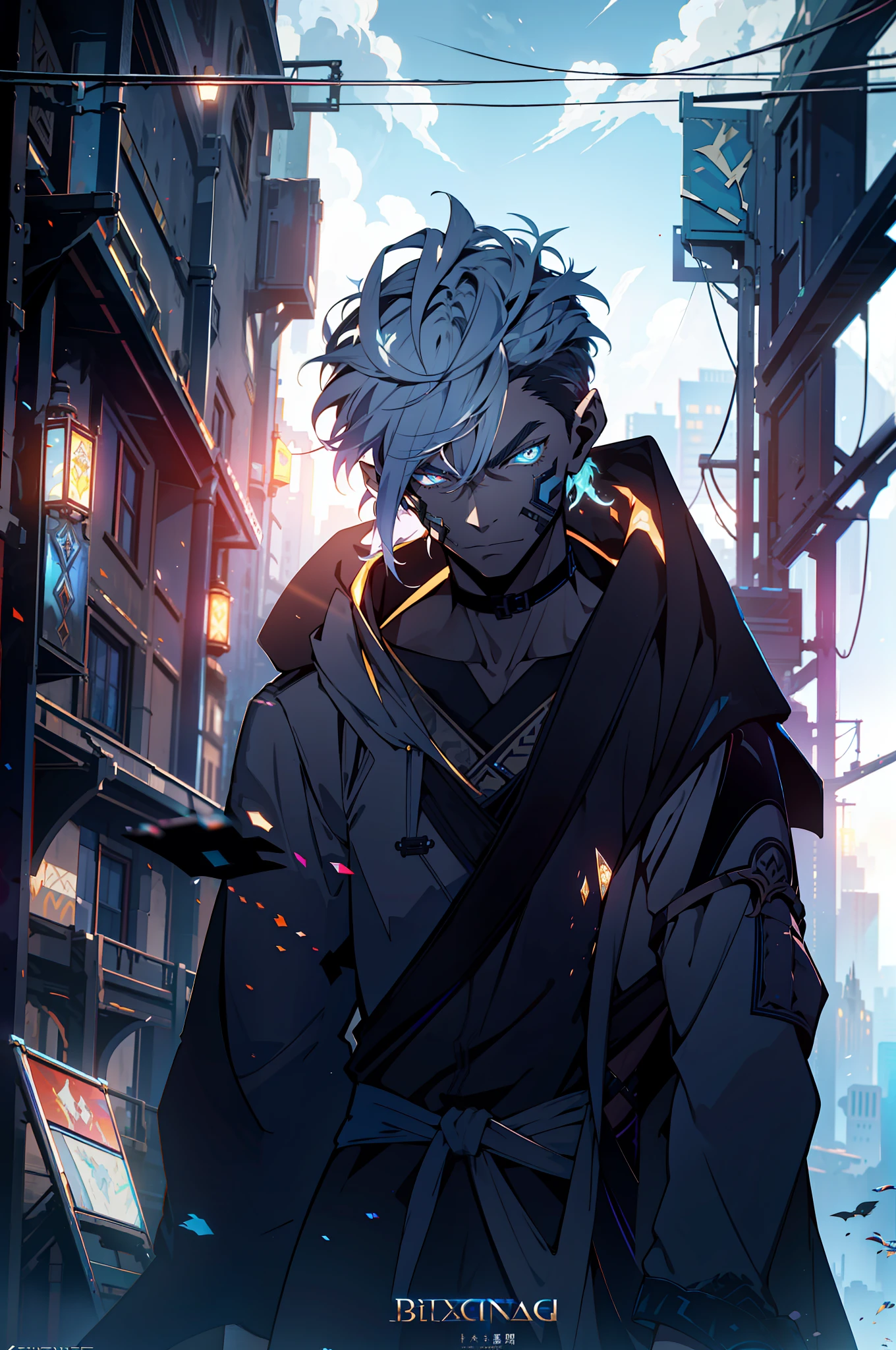 Cyberpunk Man, Elf Ear, Fantasy World, Dark Background, Clean Design, Epic Instagram, Artstation, Colorful Paint Splash, Silhouette, Ultra Detailed Intricate Details, Unreal Engine, Fantasy, Intricate Details, Start Screen, Complementary Colors, Fantasy Concept Art, 8K Resolution, Deviantart Masterpiece, Oil Painting, Heavy Stroke, Paint Drip, (Isolated on White Background: 1.3), Rainbow Skin, (((Handsome Young Man))) , ((teenage:1.2)), (glowing blue eyes), ((eyes have light)), (short white hair: 1.1))), ((black)), (prince\\(indifferent expression\\), (((wearing high-detail luxury black robes))), white hair, elf ears, frost magic, ((pectoral muscles) --v 6