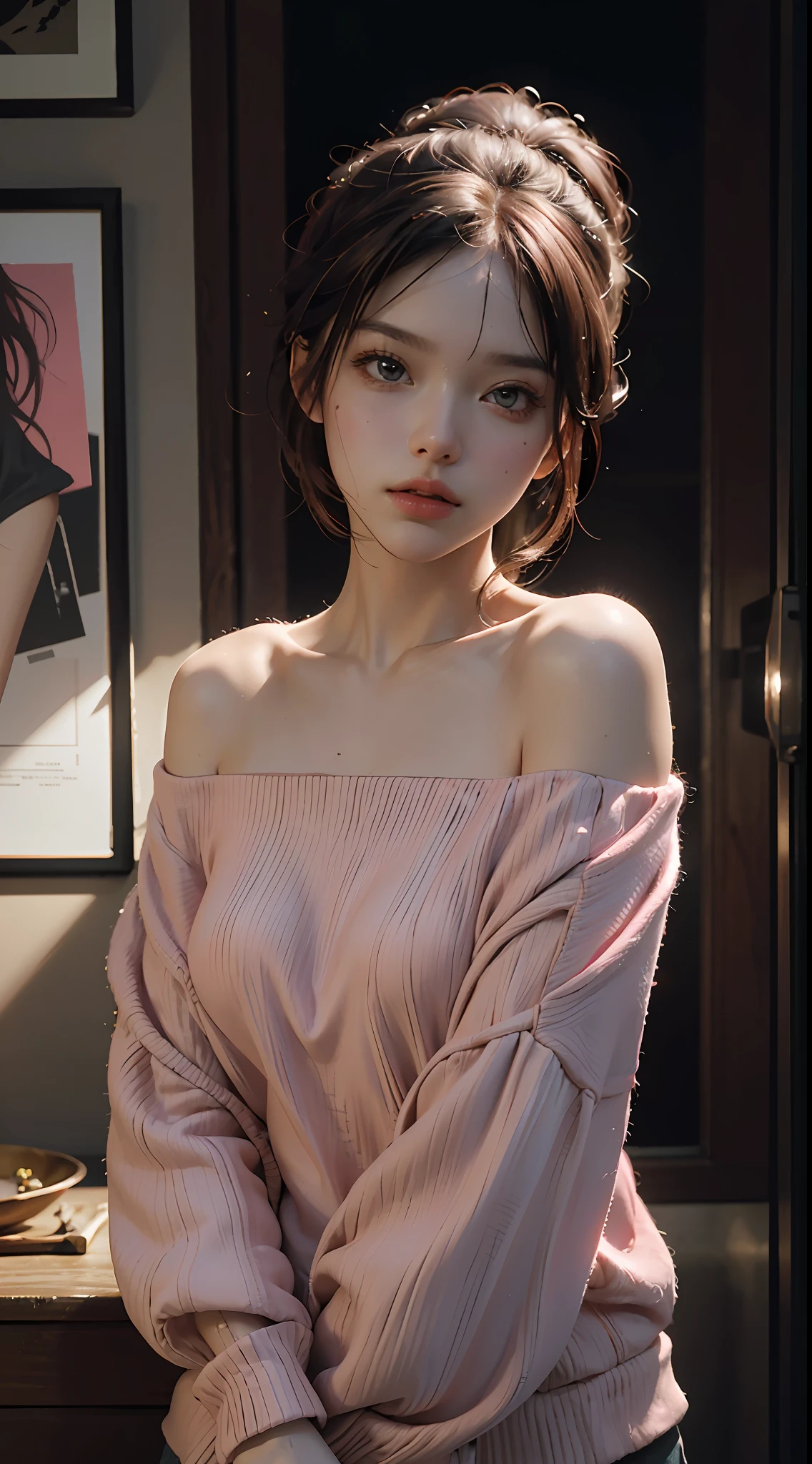 Best Quality, Masterpiece, Ultra High Resolution, (Realisticity: 1.4), Original Photo, 1girl, Pink Off-the-Shoulder, Cinematic Lighting