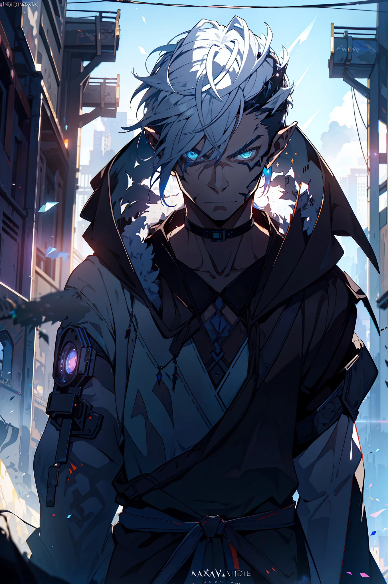 Cyberpunk Man, Elf Ear, Fantasy World, Dark Background, Clean Design, Epic Instagram, Artstation, Colorful Paint Splash, Silhouette, Ultra Detailed Intricate Details, Unreal Engine, Fantasy, Intricate Details, Start Screen, Complementary Colors, Fantasy Concept Art, 8K Resolution, Deviantart Masterpiece, Oil Painting, Heavy Stroke, Paint Drip, (Isolated on White Background: 1.3), Rainbow Skin, (((Handsome Young Man))) , ((age:1.2)), (glowing blue eyes), ((eyes have light)), (short white hair: 1.1))), ((black)), (prince\\(indifferent expression\\), (((wearing high-detail luxury black robes))), white hair, elf ears, frost magic, ((pectoral muscles) --v 6