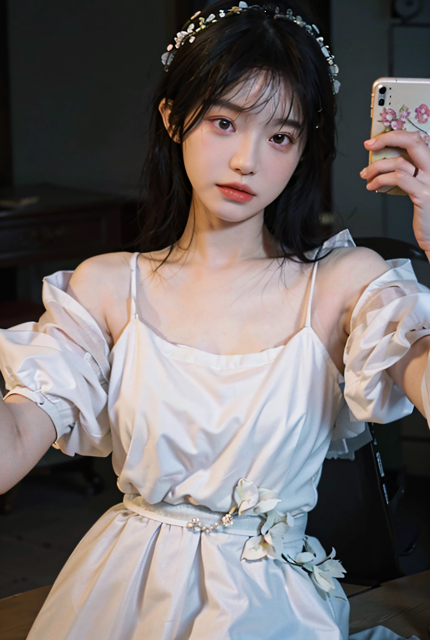 8K, Best Quality, Masterpiece, Ultra High Resolution, (Realism: 1.4), Original Photo, (Real Skin Texture: 1.3), (Film Grain: 1.3), (Selfie Angle), Broken Flower Chiffon Dress, 1 Girl, Beautiful Eyes and Face Details, Masterpiece, Best Quality, Close Up, Upper Body,