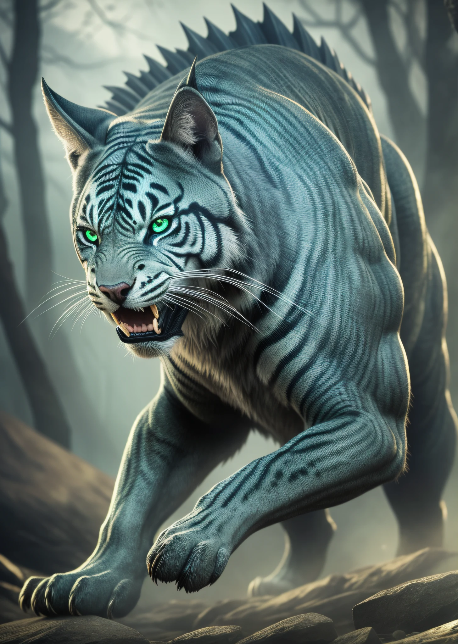 ( detailed description ) ( Better quality ) ( Realistic ) Creature with a metamorphic appearance, agile movements, sharp extremities, luminescent and hypnotic eyes, as well as emitting haunting roars