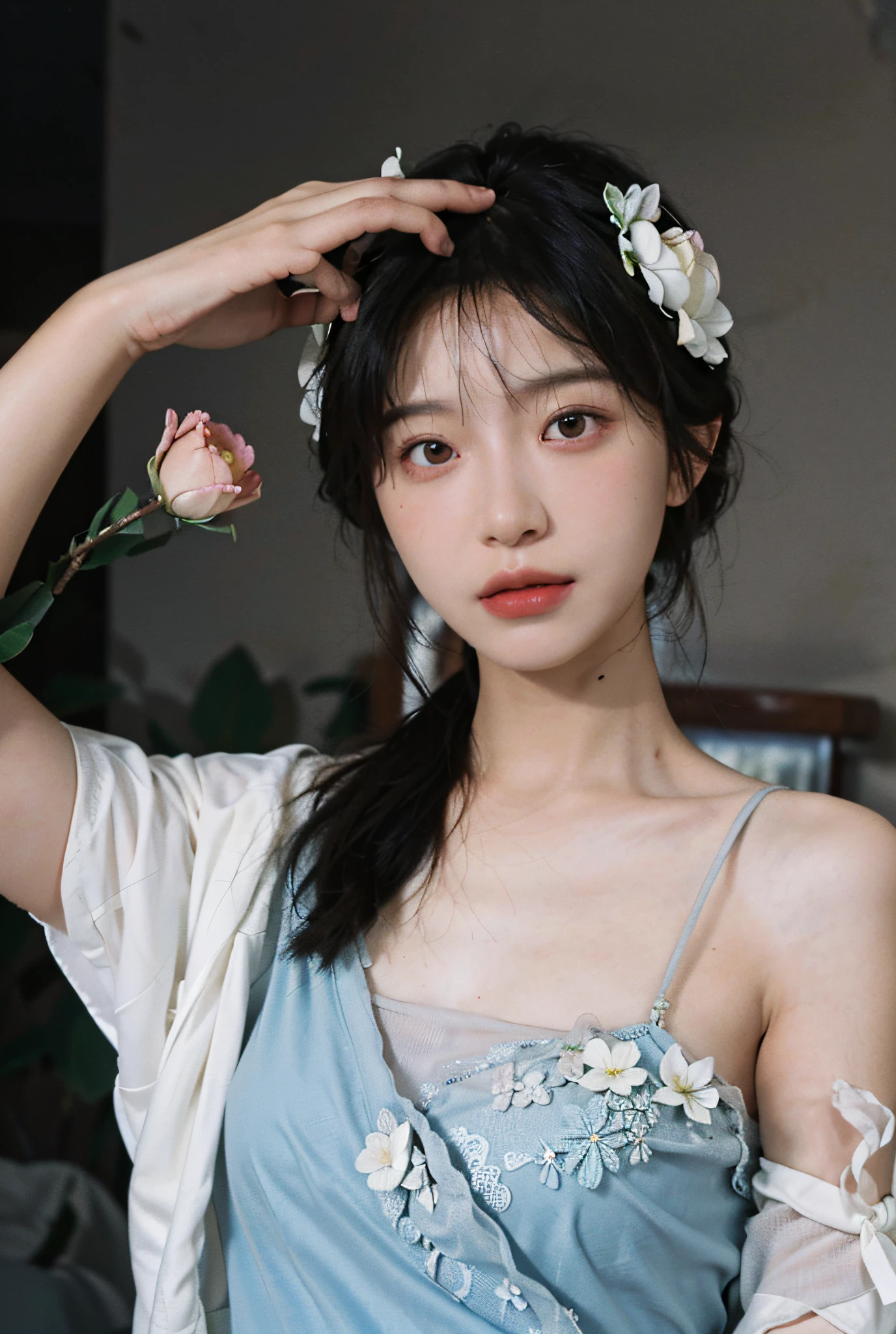 8K, Best Quality, Masterpiece, Ultra High Resolution, (Realism: 1.4), Original Photo, (Real Skin Texture: 1.3), (Film Grain: 1.3), (Selfie Angle), Broken Flower Chiffon Dress, 1 Girl, Beautiful Eyes and Face Details, Masterpiece, Best Quality, Close Up, Upper Body,