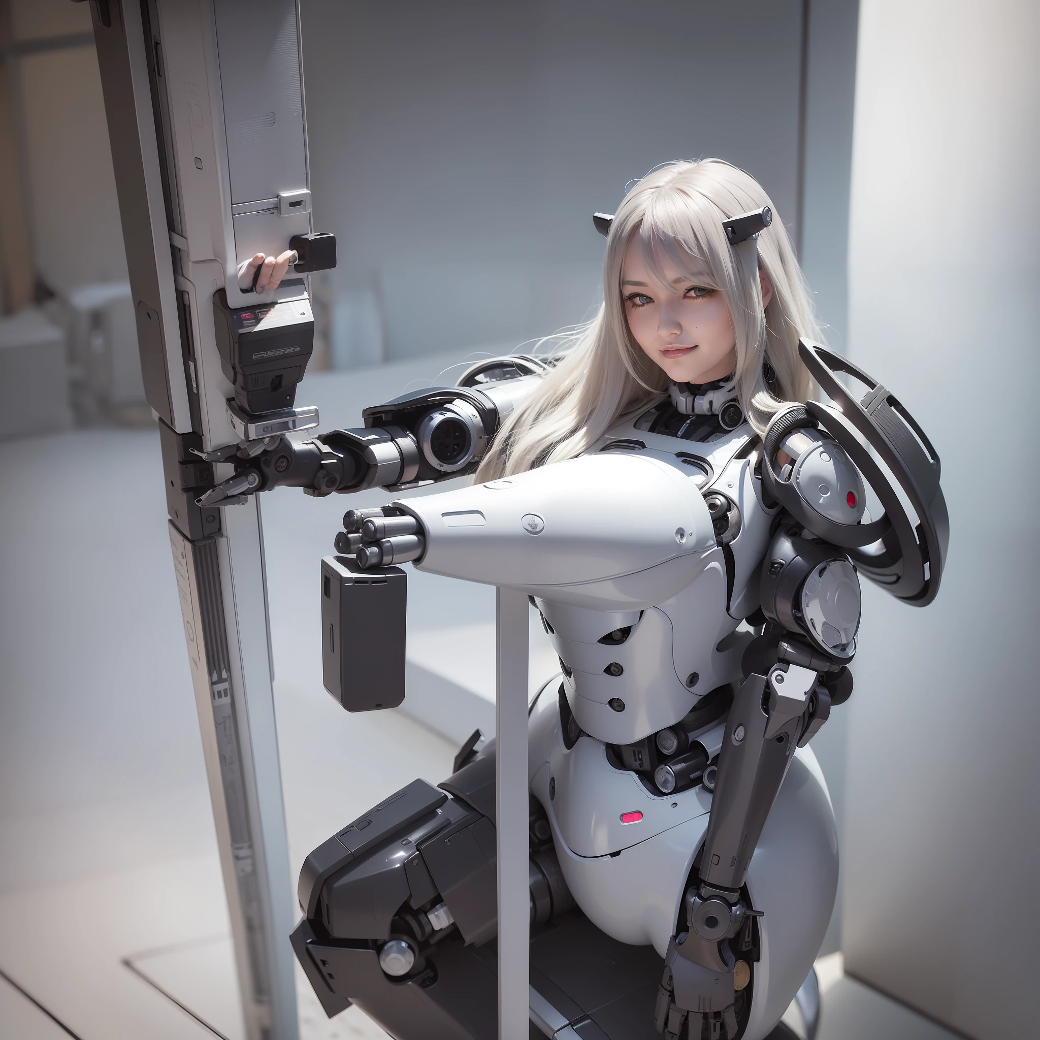 Beautiful Face,1 Woman, Curvaceous, Top Quality, Masterpiece, Ultra Detailed, (((Bikini Cyborg Robot Parts)))), (Light Grey Hair), Long Hair, Wavy Hair, Twin Tails, Medium Shot, (((Seductive Smile)), (Black Eyes), Princess Cut, (Cowboy Shot),Squatting,Spread Your Legs,