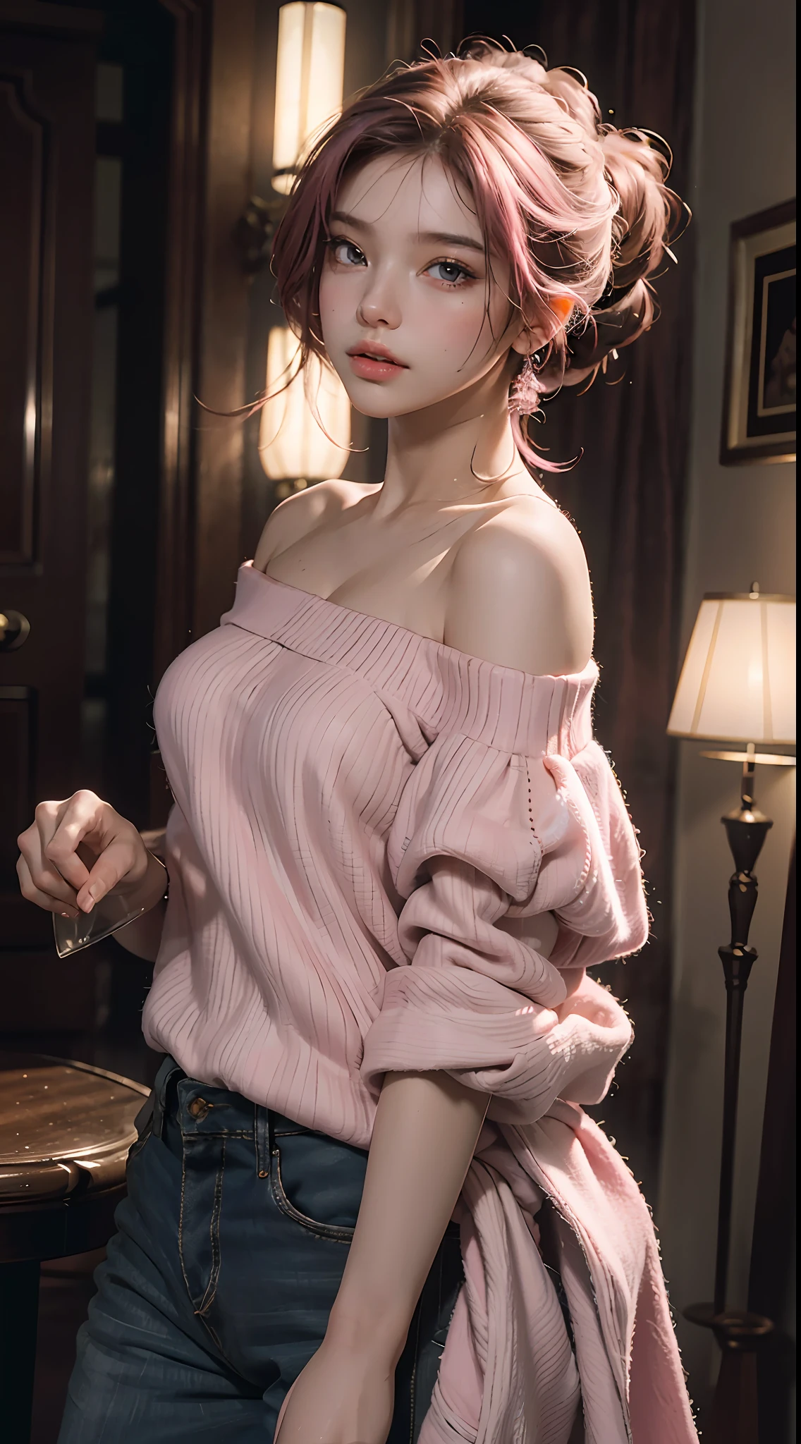 Best Quality, Masterpiece, Ultra High Resolution, (Realisticity: 1.4), Original Photo, 1girl, Pink Off-the-Shoulder, Cinematic Lighting