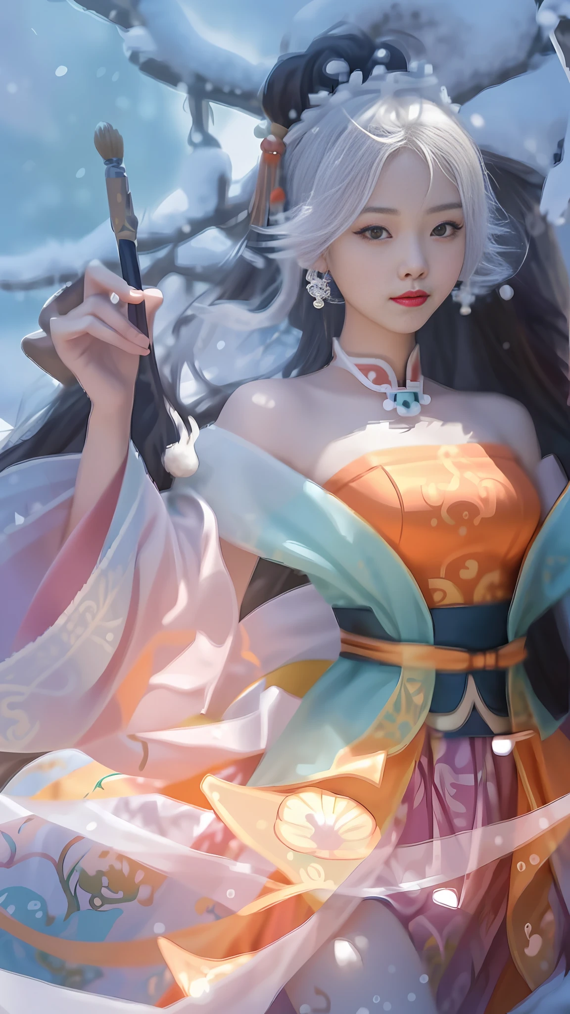 Chinese costume, open, song style, orange strapless bandeau, D cup, jade pei, long hair, brush, senior sister, pure, snow mountain background