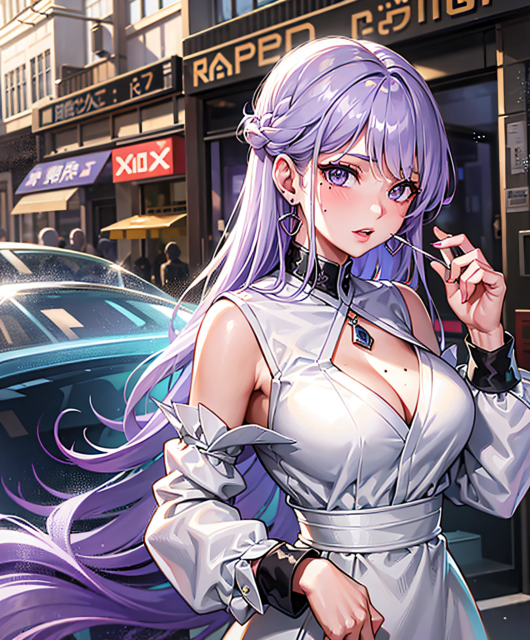 On the street, street view, ((girl gets off a supercar)), supercar, silver white, woman with violet hair, gray eyes, white workwear, violet jewelry, red earrings, moles on lips, royalty, princess, elegant, high quality, highly detailed, detailed face, fantasy, drinking tea